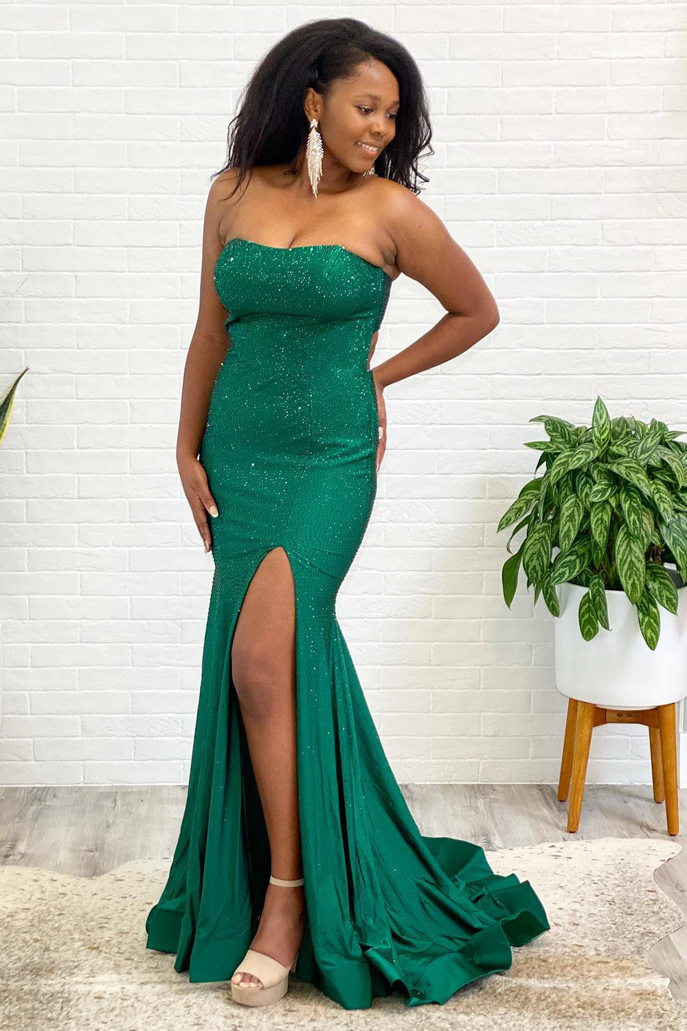 Long Strapless Prom Dress in Green with Beading