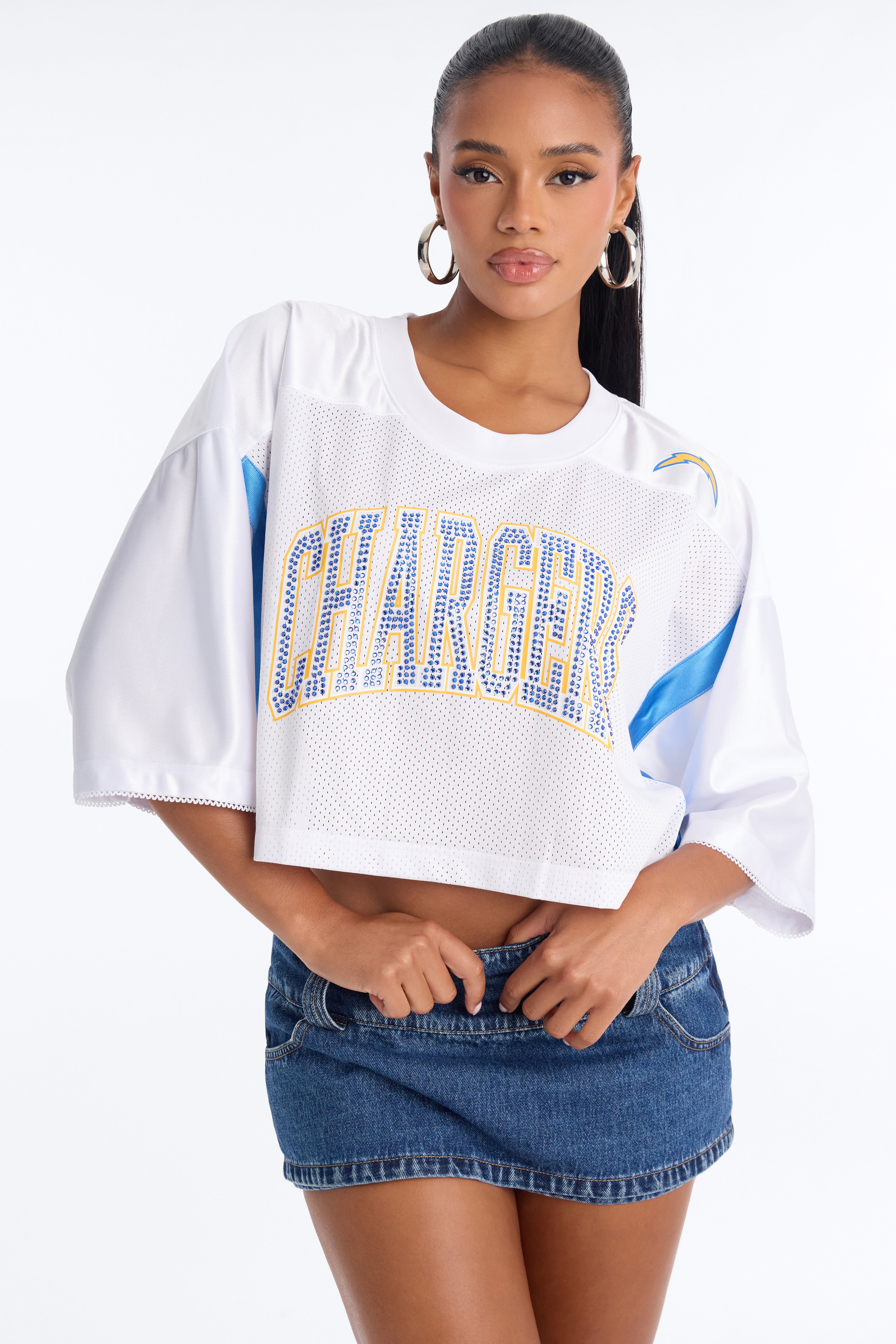 NFL LA Chargers Rhinestone Cropped Top - White