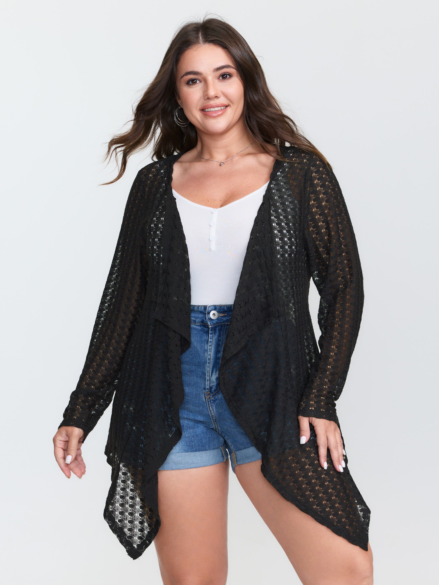 Crochet Textured Ruffled Hem Kimono