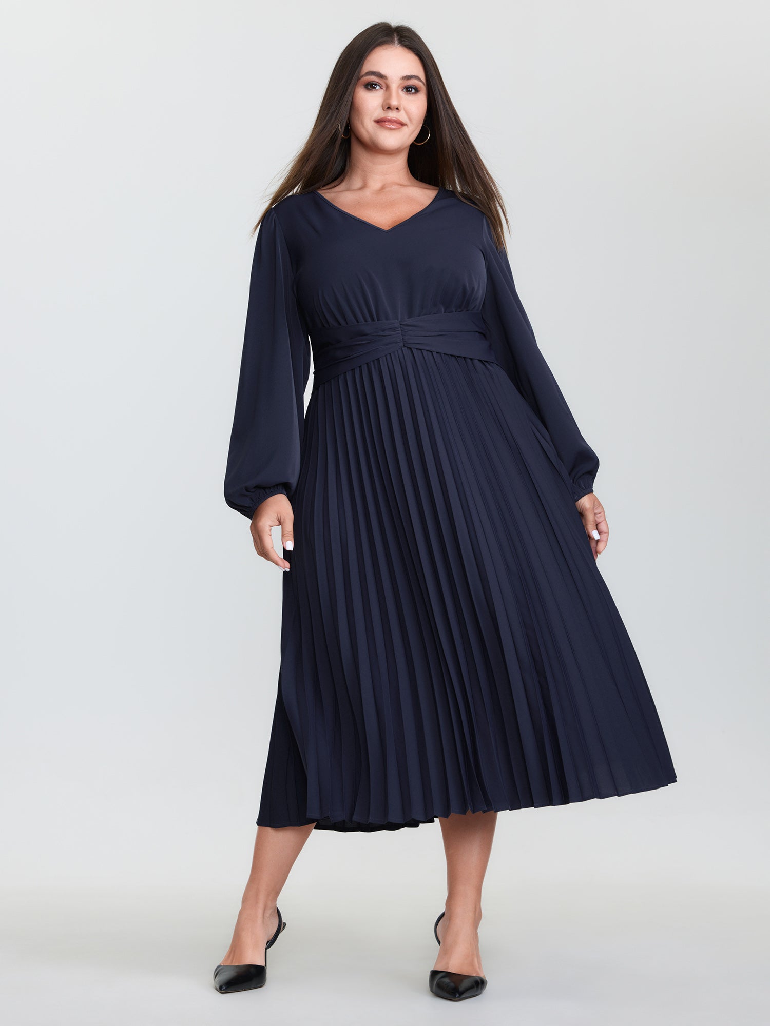 Pleated Waist V-Neck Balloon Sleeve Midi Dress