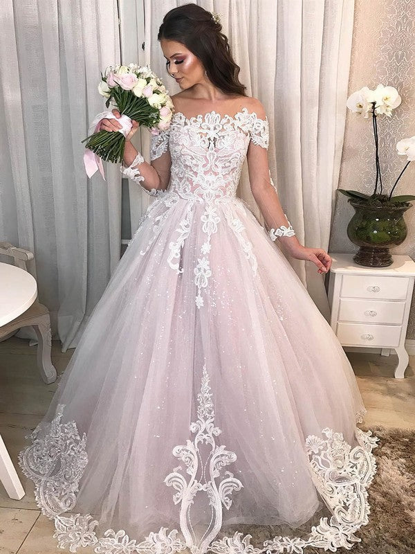 Gorgeous Off-The-Shoulder Long Sleeves Sequined Lace Sweep Train Ball Gown Wedding Dresses