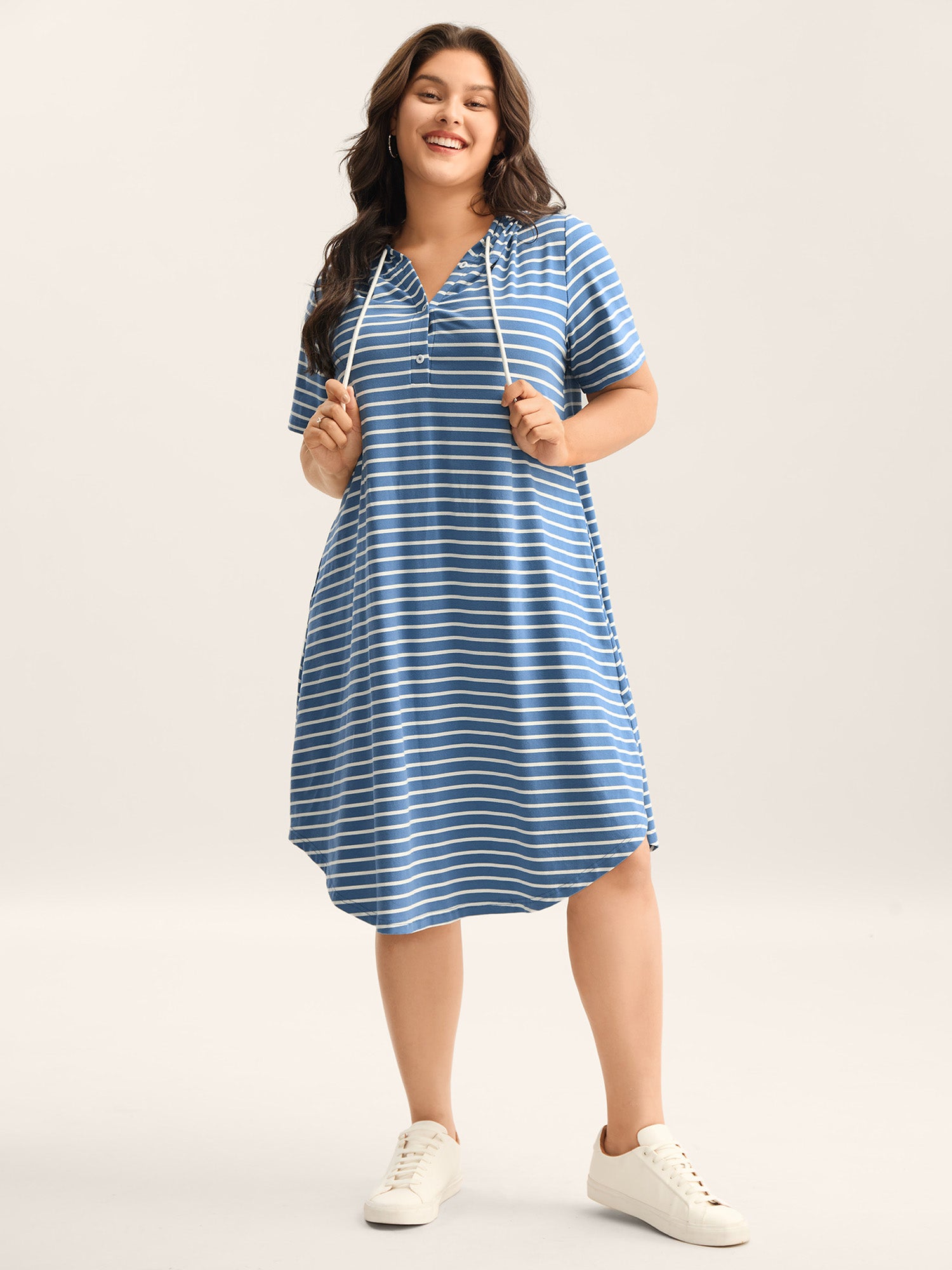 Stripe Print Curvy Hem Hooded Mini Dress