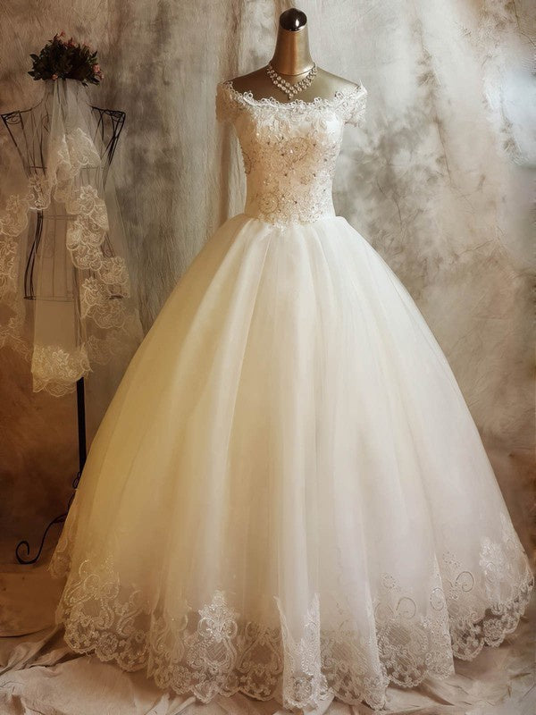 Deluxe Bateau Off-The-Shoulder Tulle Lace Ball Gown Wedding Dresses