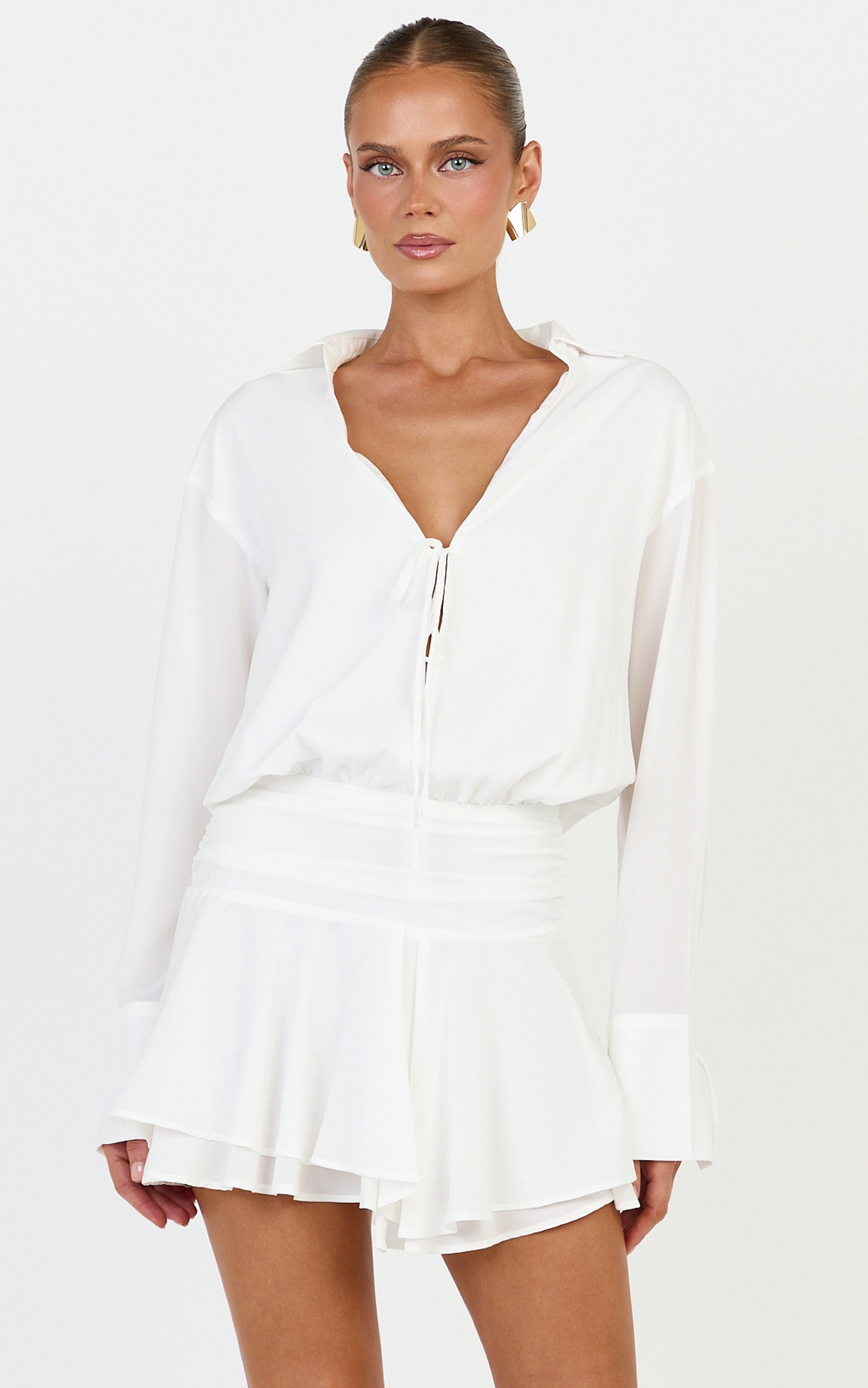 Melanie Mini Dress -  Tie Front Long Sleeve Shirt Dress in White