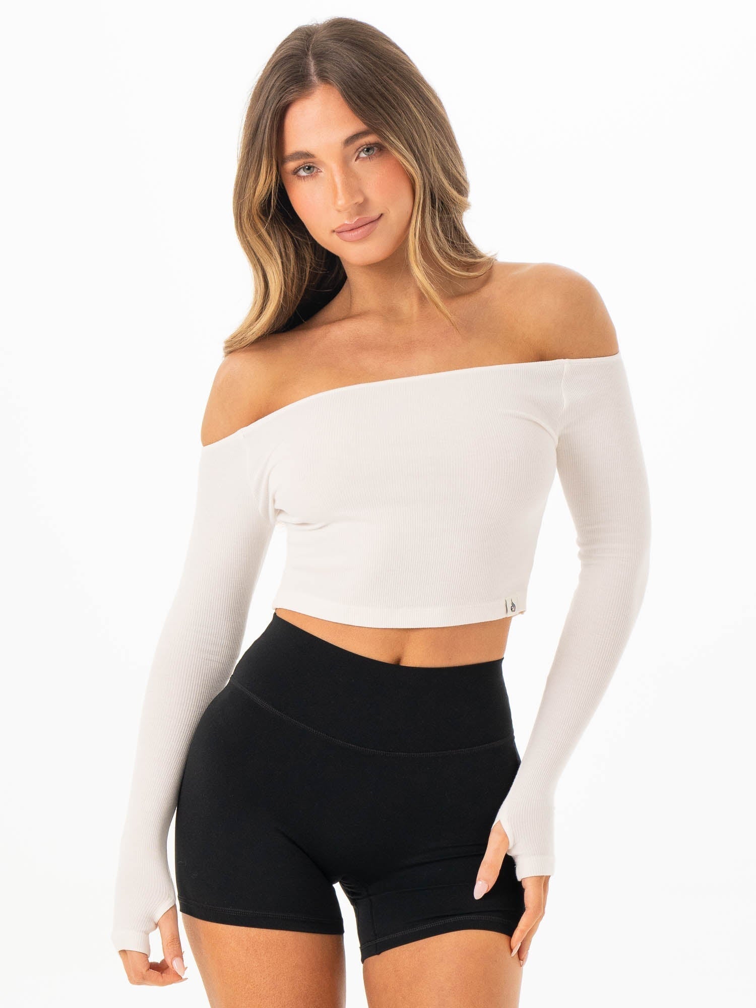 Ribbed Off Shoulder Long Sleeve Top - Off White