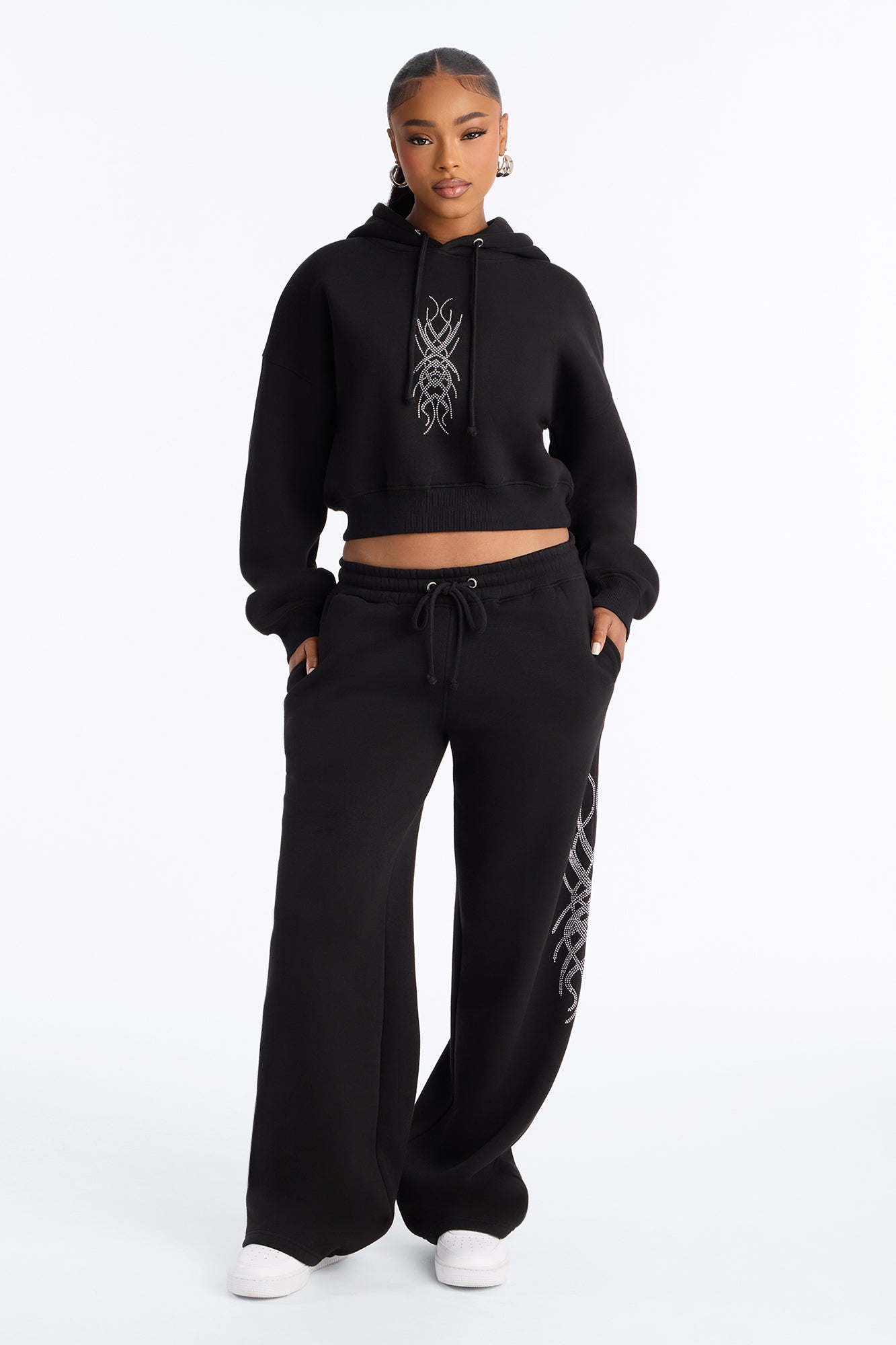 Edgy Energy Rhinestone Fleece Wide Leg Pant Set - Black