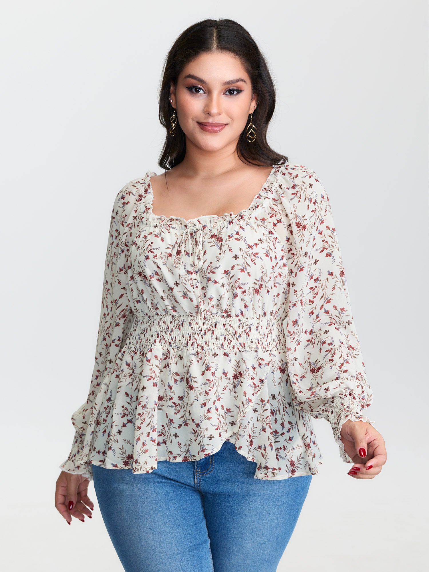 Floral Drawstring Neckline Shirred Blouse
