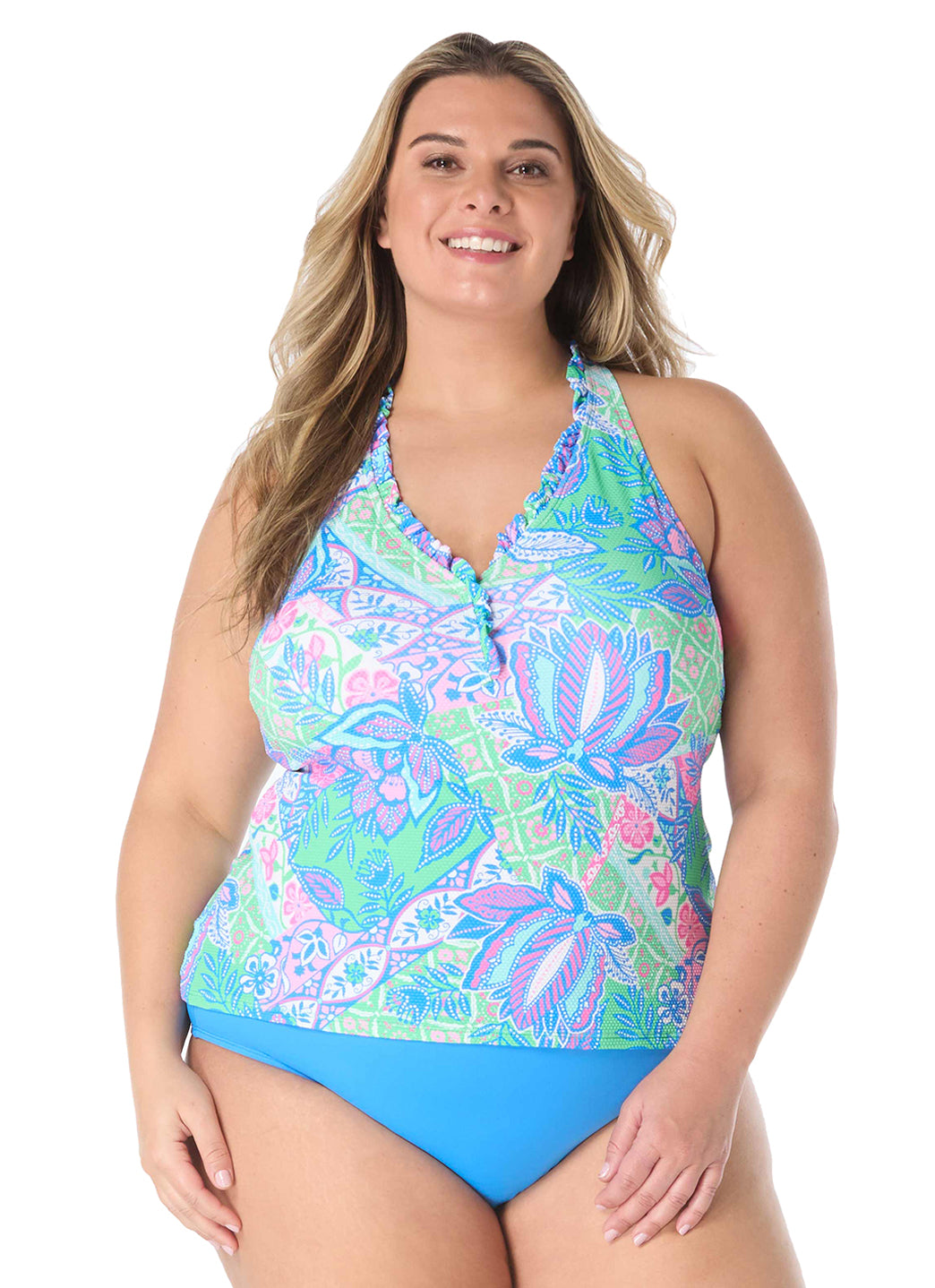 Beach House Women's Plus Size Estate Mosaic Pique Nina Ruffle Neck Tankini Top