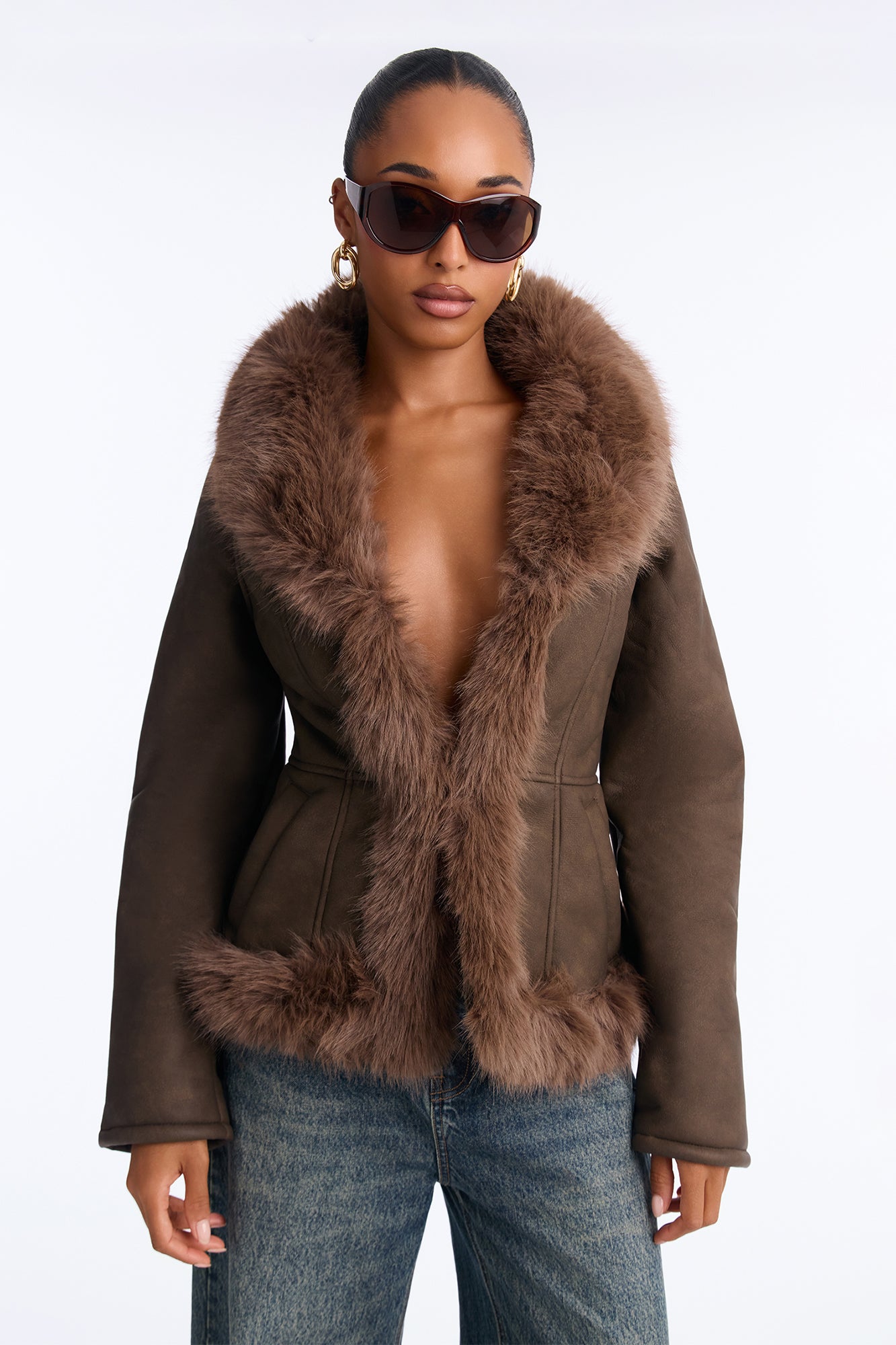 Foxy Fur Trim Cinched Waist Coat - Chocolate