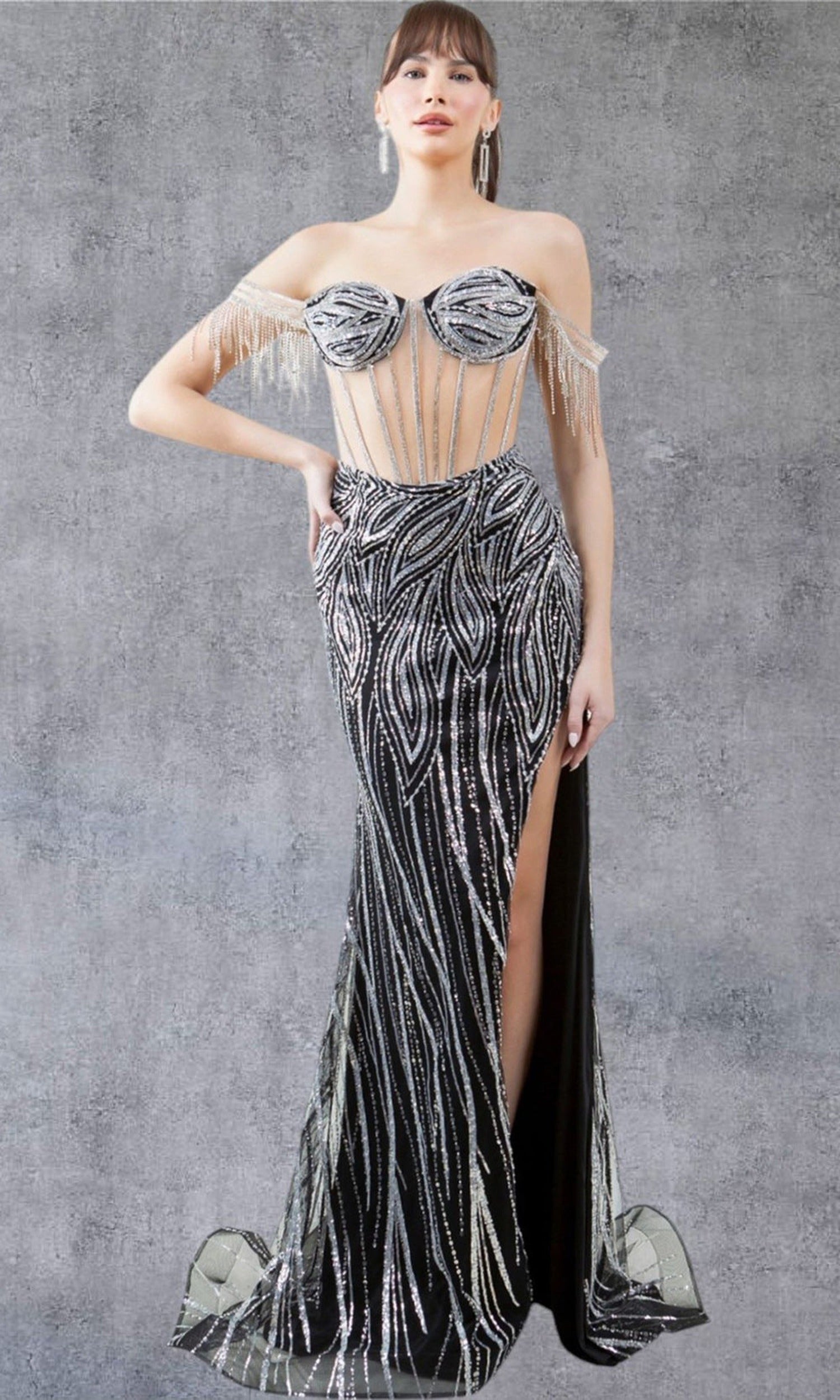 Cinderella Couture 8147J - Sweetheart Beaded Fringe Evening Gown