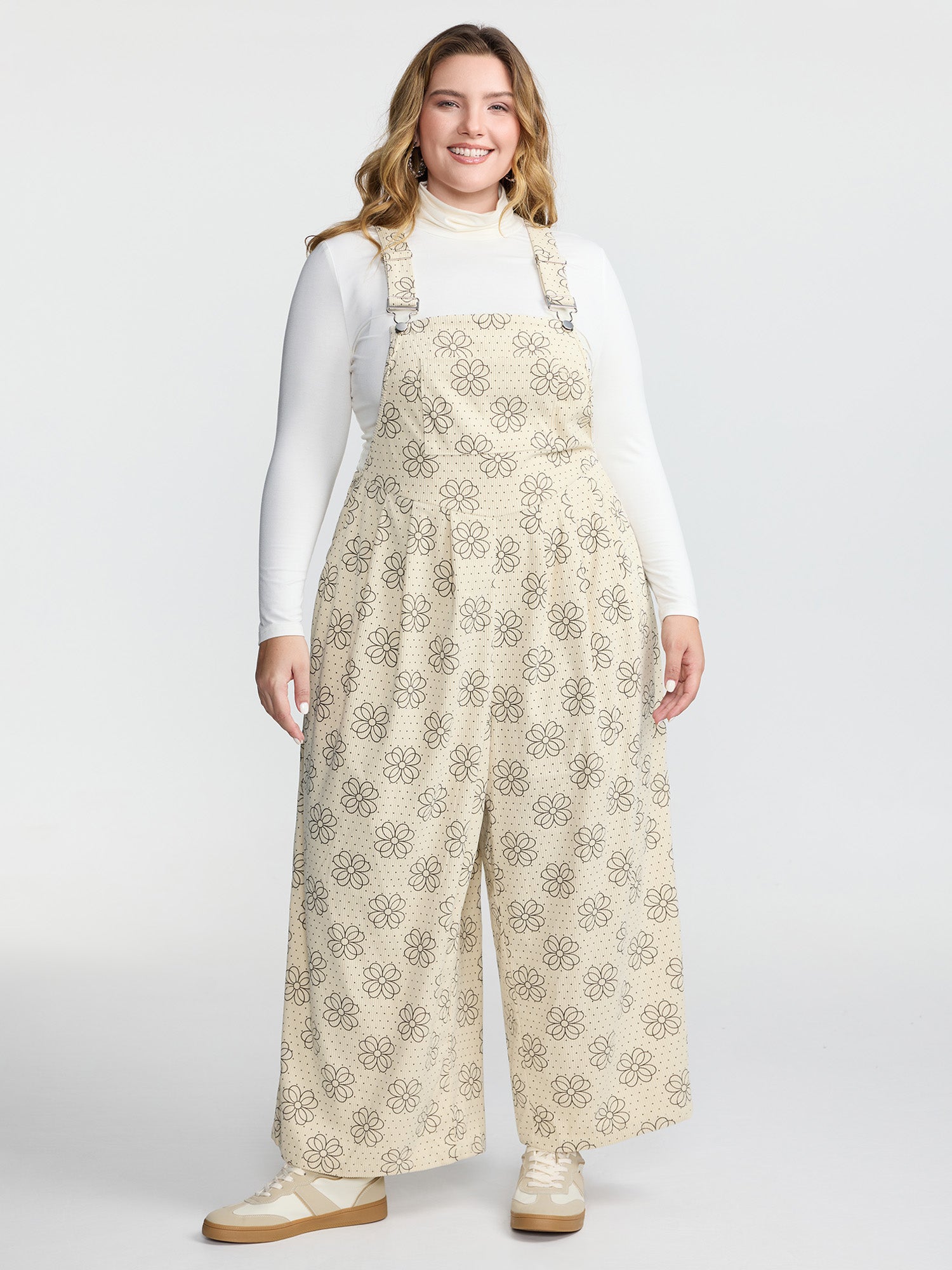 Floral Print Corduroy Pockets Jumpsuit