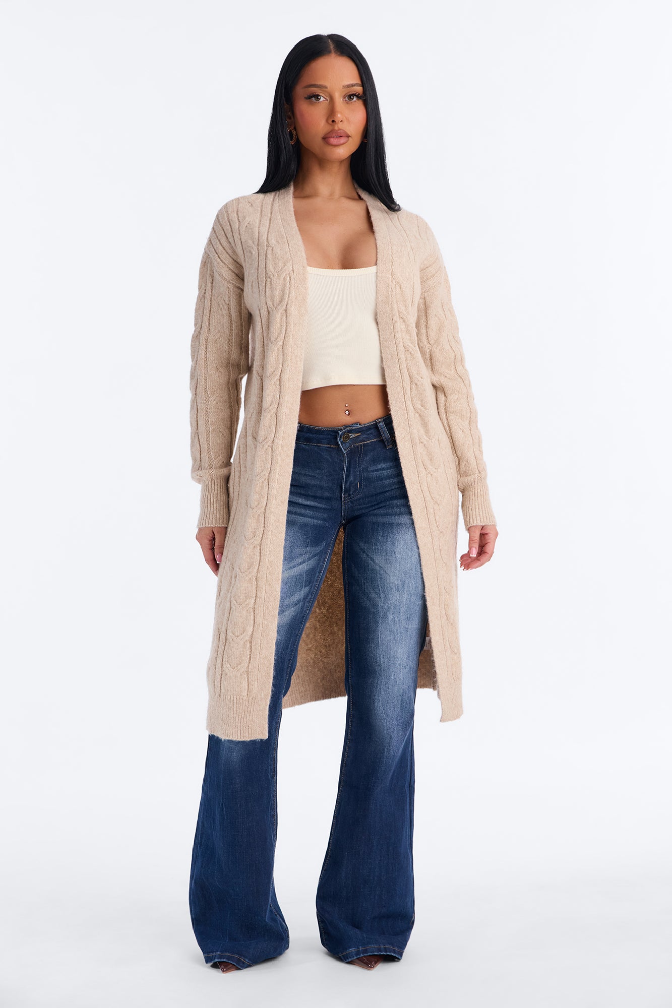 Natalie Cable Knit Long Sleeve Cardigan - Oatmeal