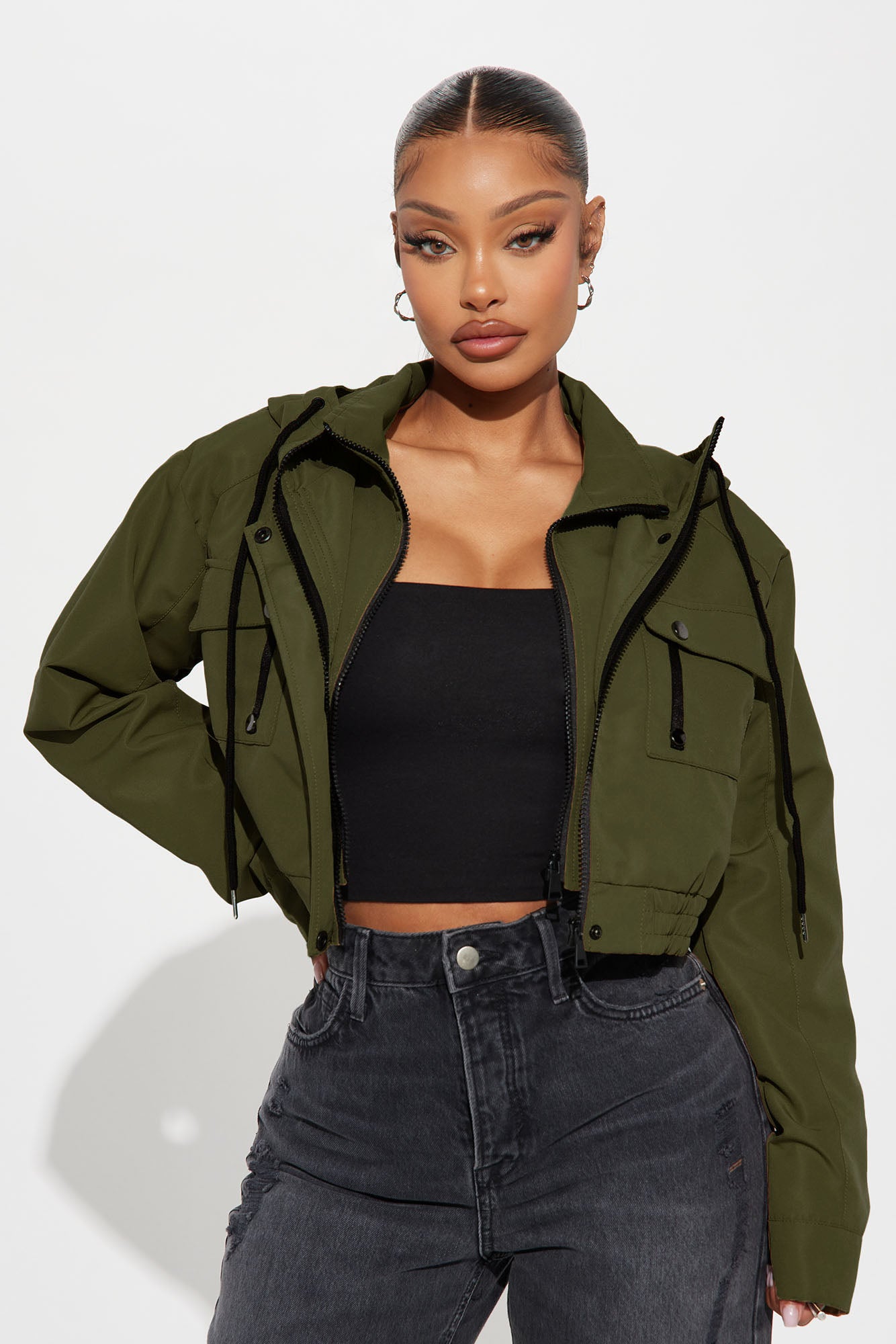 Kelsie Hooded Cropped Jacket - Olive