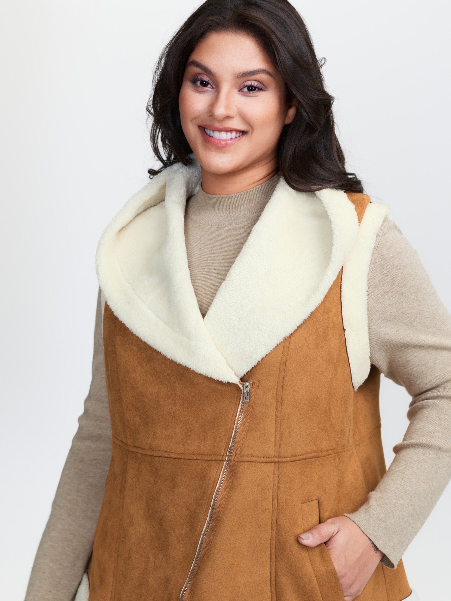 Suede Fluffy Zipper Hooded Vest