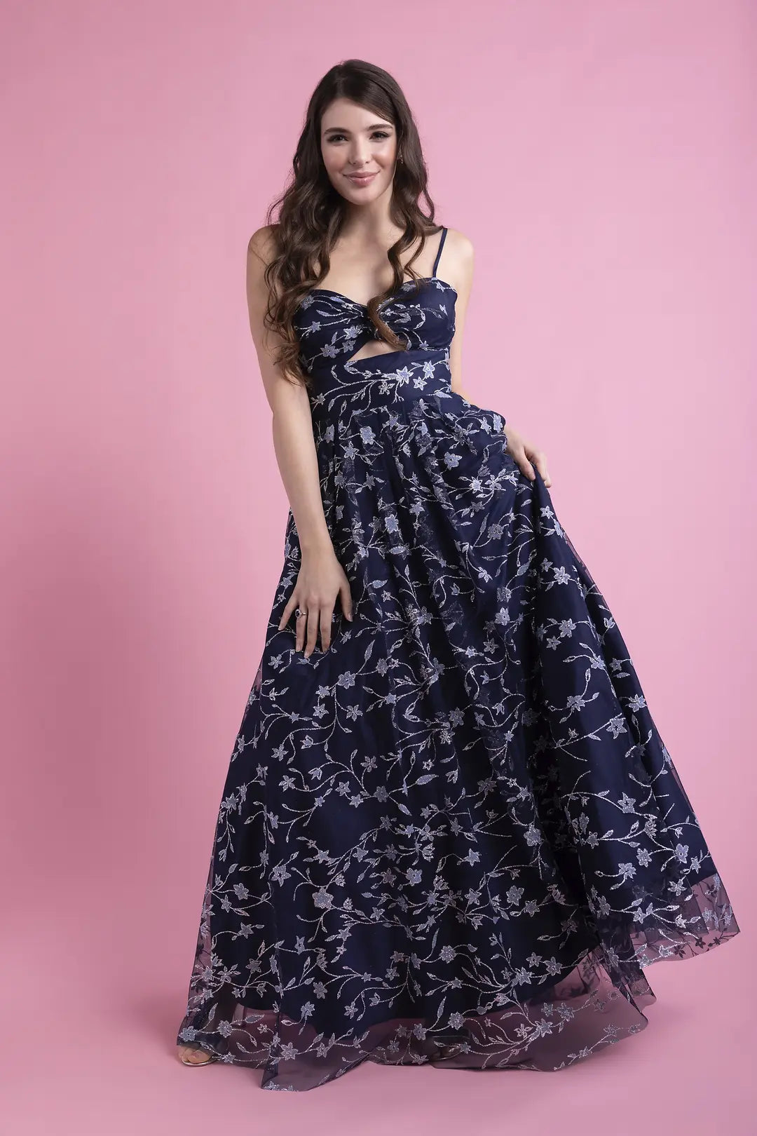 Glitter Floral Cutout Ball Gown with Lace-Up Back
