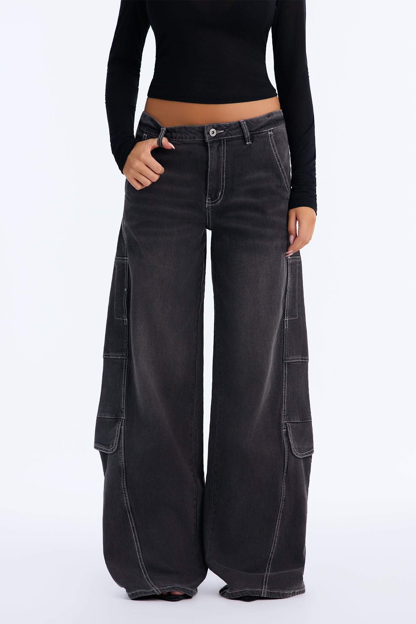 Taking My Time Stretch Cargo Wide Leg Jeans - Black Wash