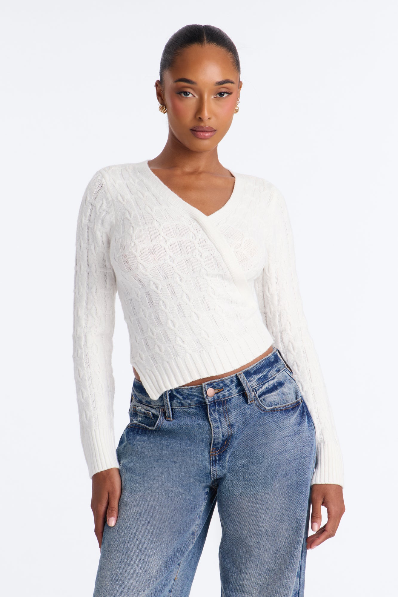 Kennedy Cable Knit Surplice Pullover Sweater - Ivory