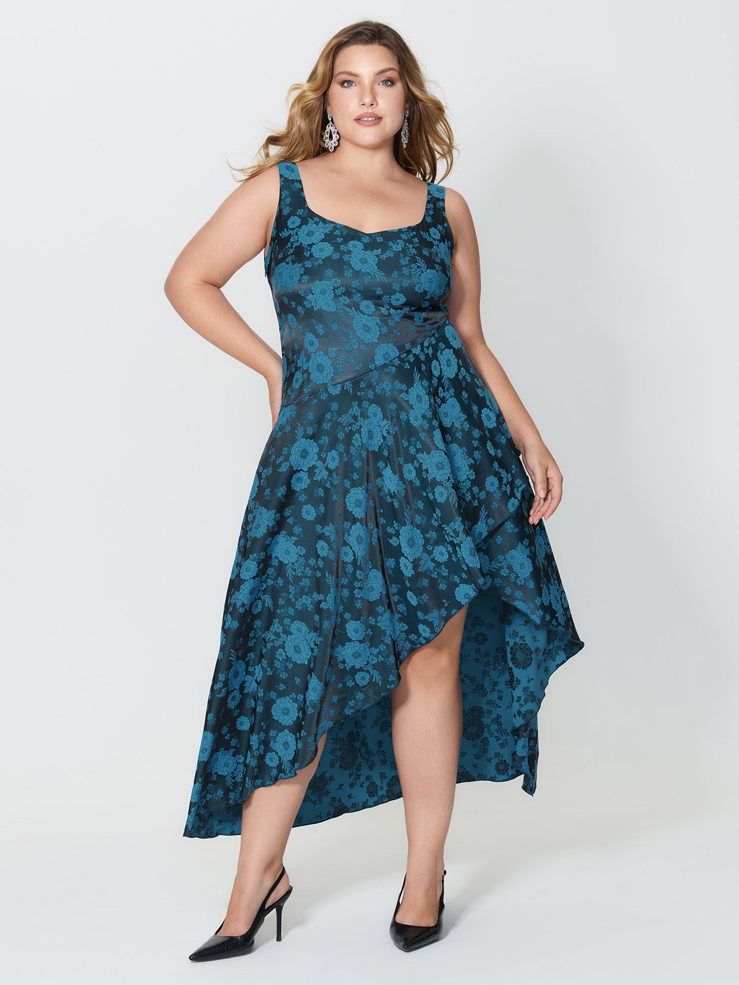 Floral Satin Stretch Asymmetrical Hem Maxi Dress