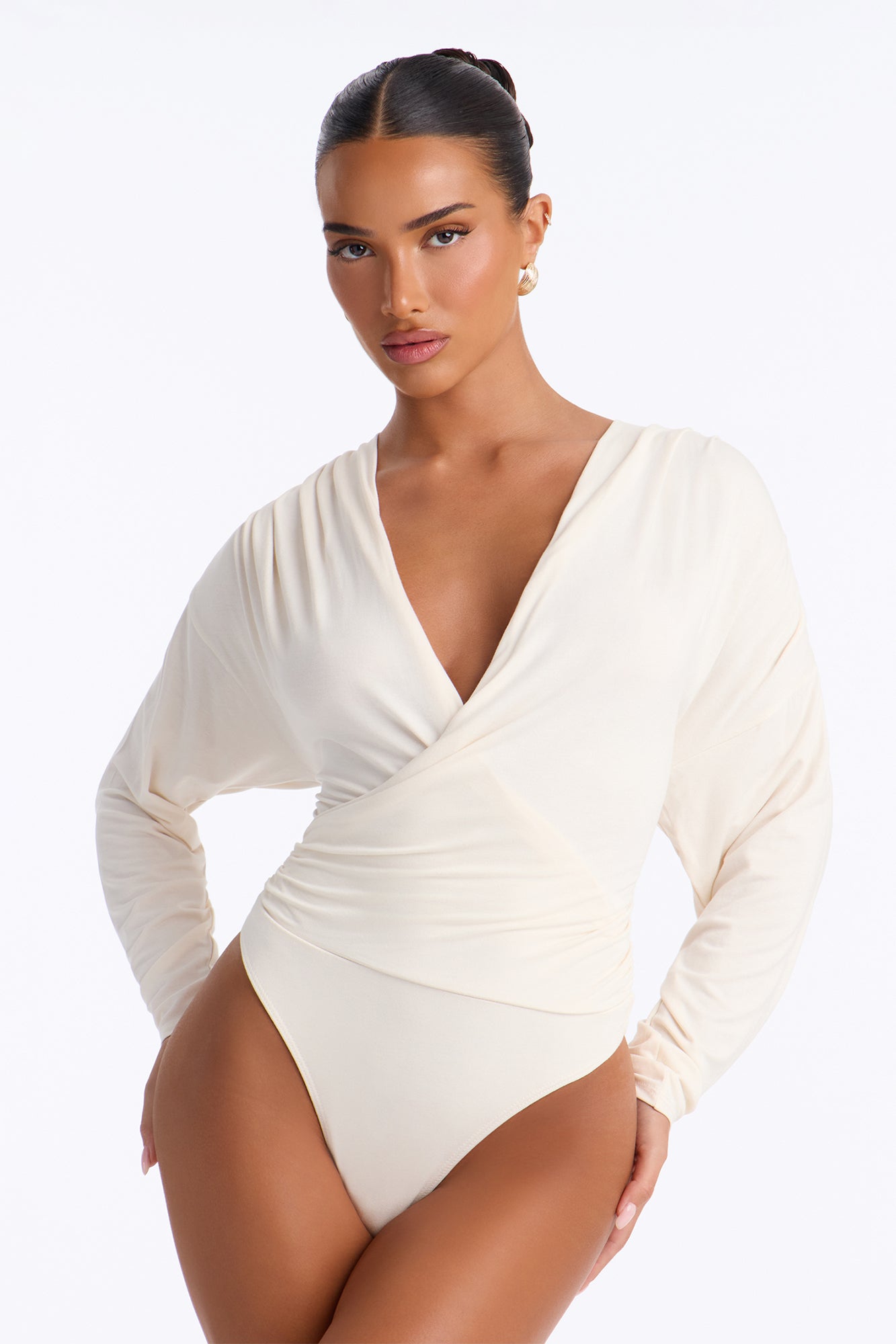 Sydney Ruched Surplice Long Sleeve Bodysuit - Cream