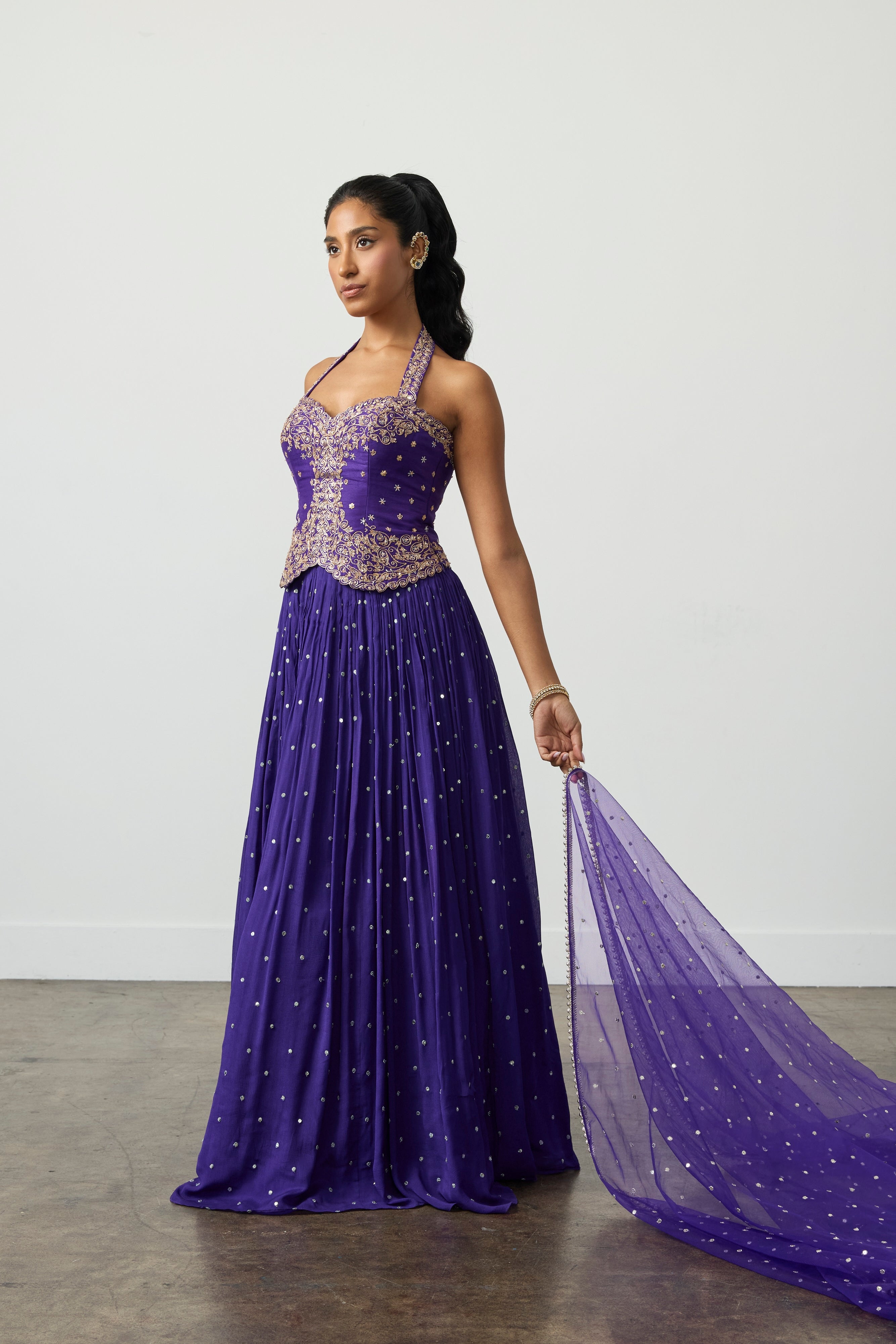 Midnight Violet Corset Halter Lehenga Set