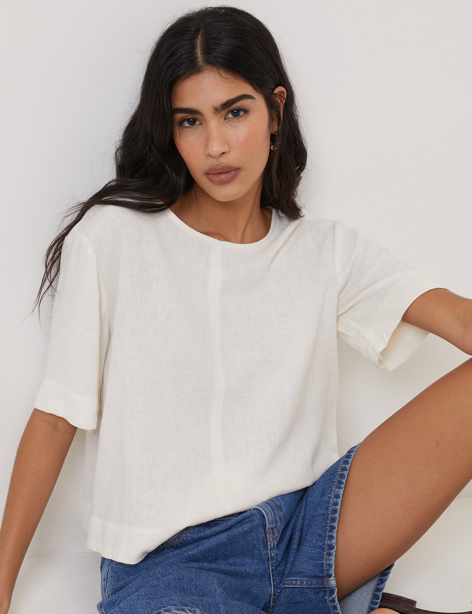 Cream Linen-Rich Short Sleeve Top