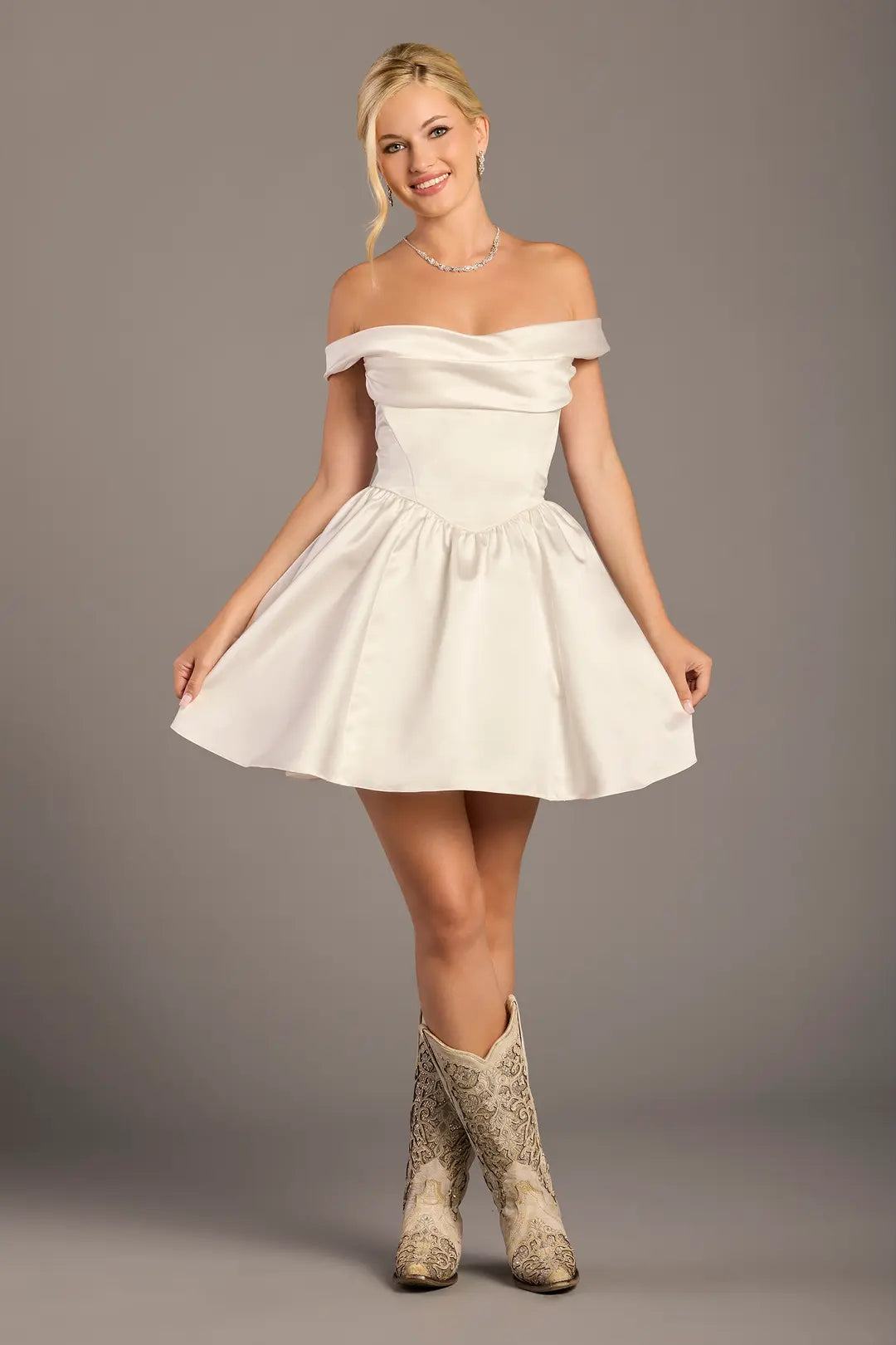 Satin Basque Waist Off-the-Shoulder Mini Dress