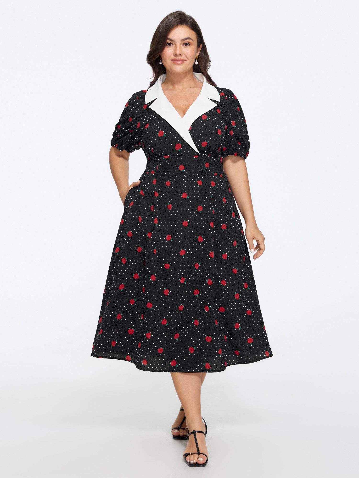 Rose Dot Print Contrast Shirred Waist Midi Dress