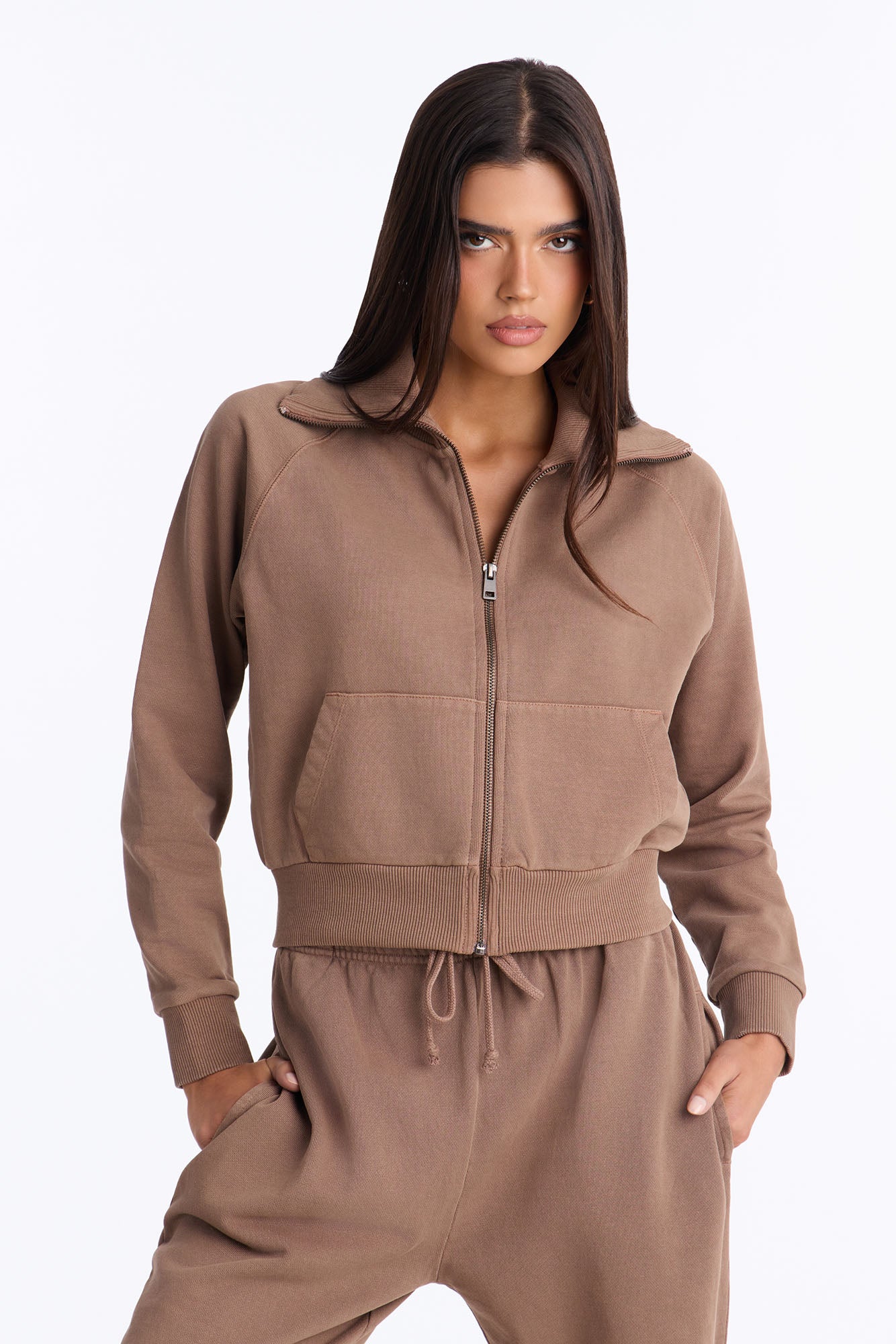 TERRY Funnel Neck Zip Sweatshirt - Washed Mocha
