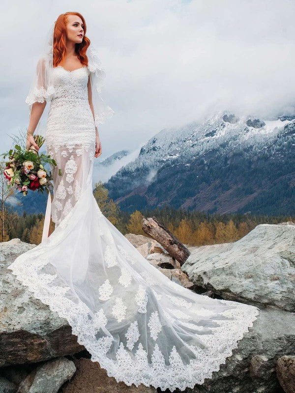 Elegant Trumpet Sleeveless V-Neck Lace Tulle Chapel Train Wedding Dresses with Appliques
