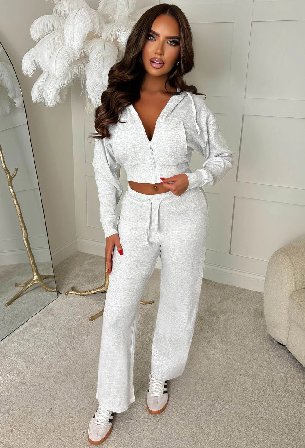 Stay Cool Grey Marl Cropped Zip Hoodie & Trouser Set