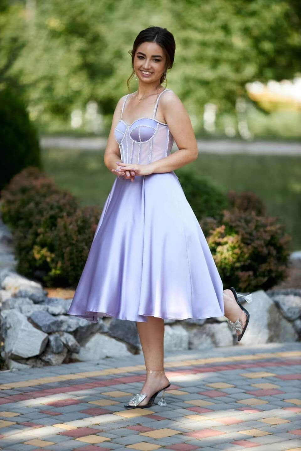 Lilac Spaghetti-Straps Tea Length Sleeveless Evening Dress With Beads