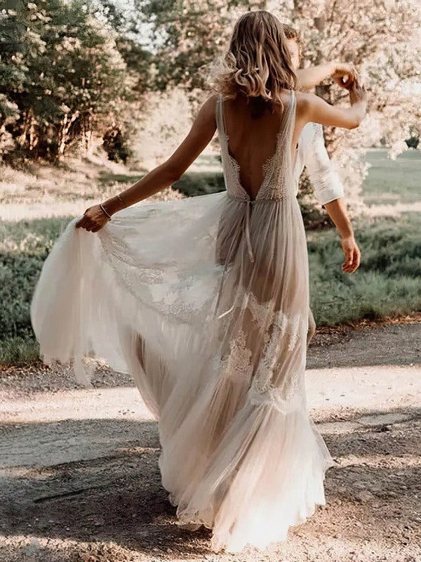 Charming A-Line V-Neck Backless Tulle Floor-Length Wedding Dresses with Appliques