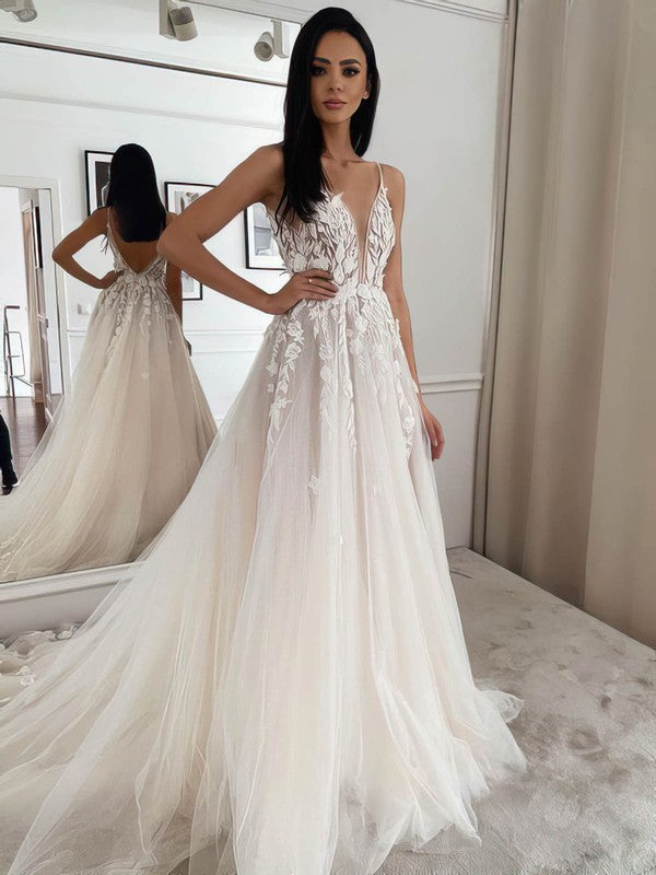Fabulous Deep V-Neck Lace Tulle Sweep Train Wedding Dresses with Appliques