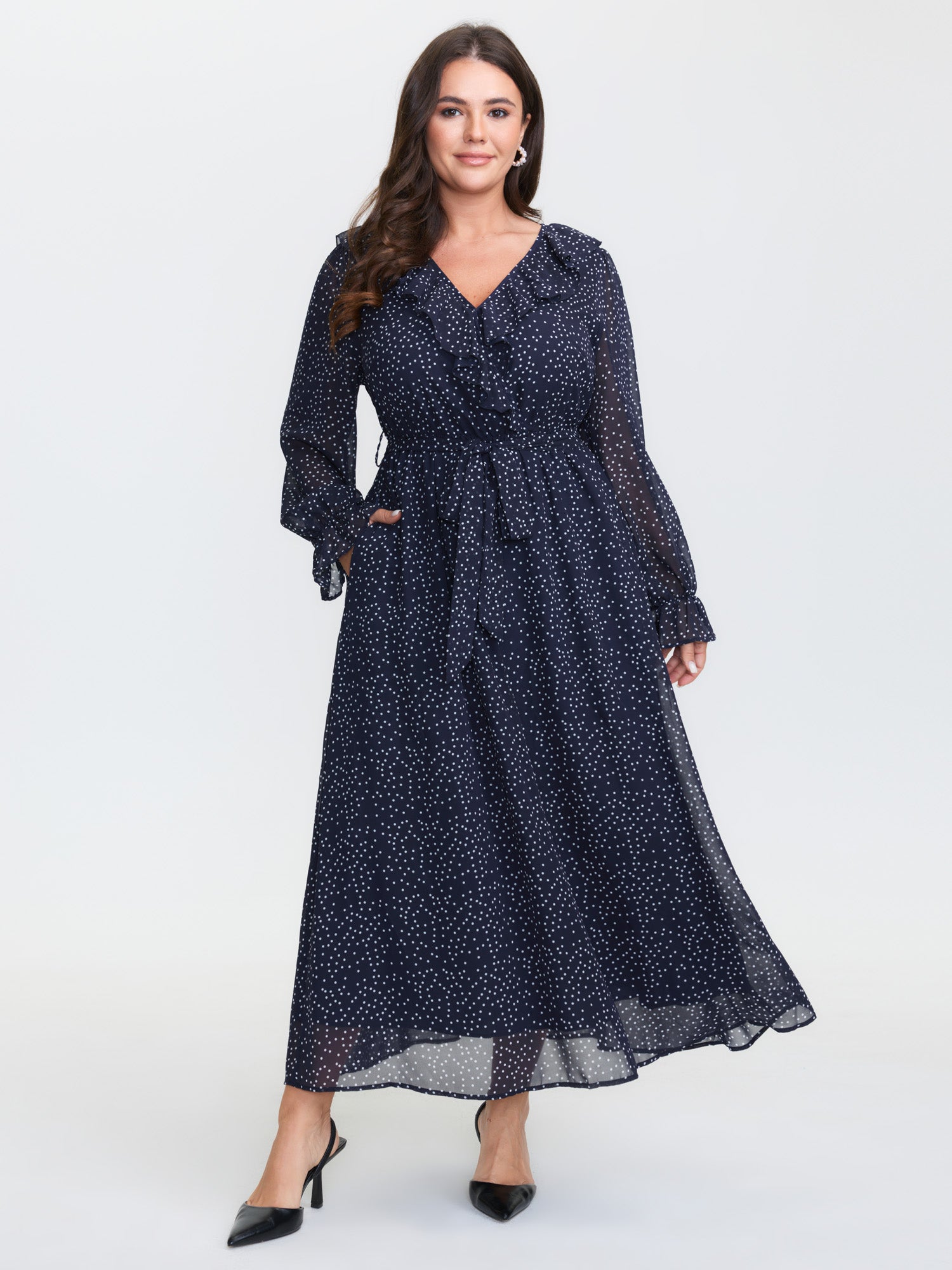 Polka Dots Ruffled Neckline Sheer Maxi Dress