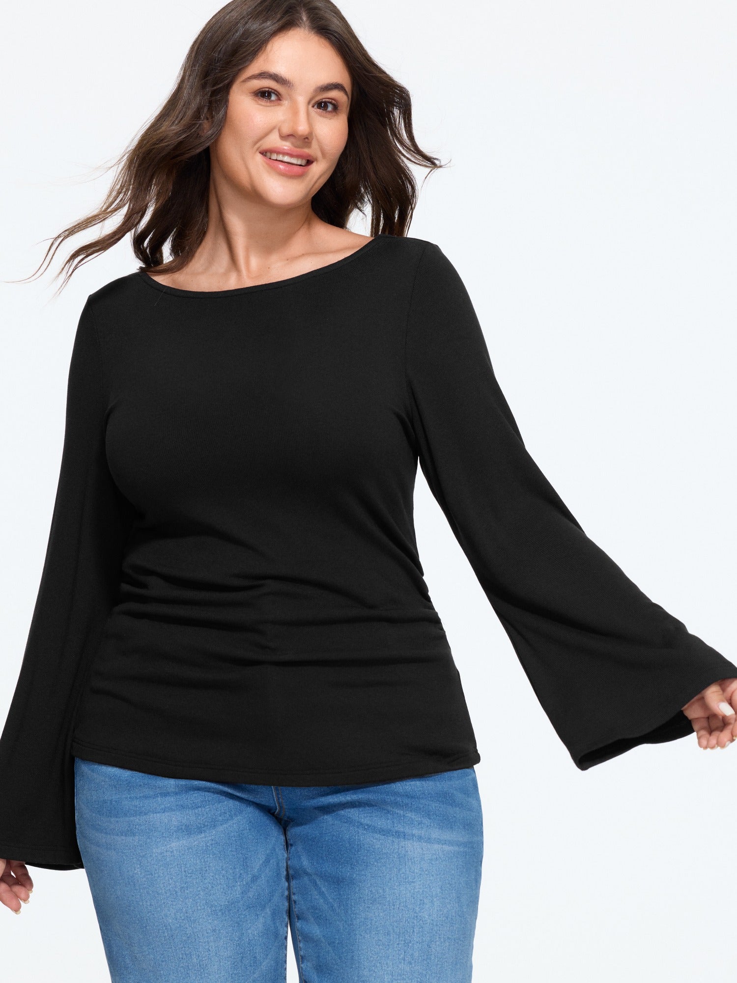 Stretchy Boat Neck Flare Sleeve Fitted T-Shirt