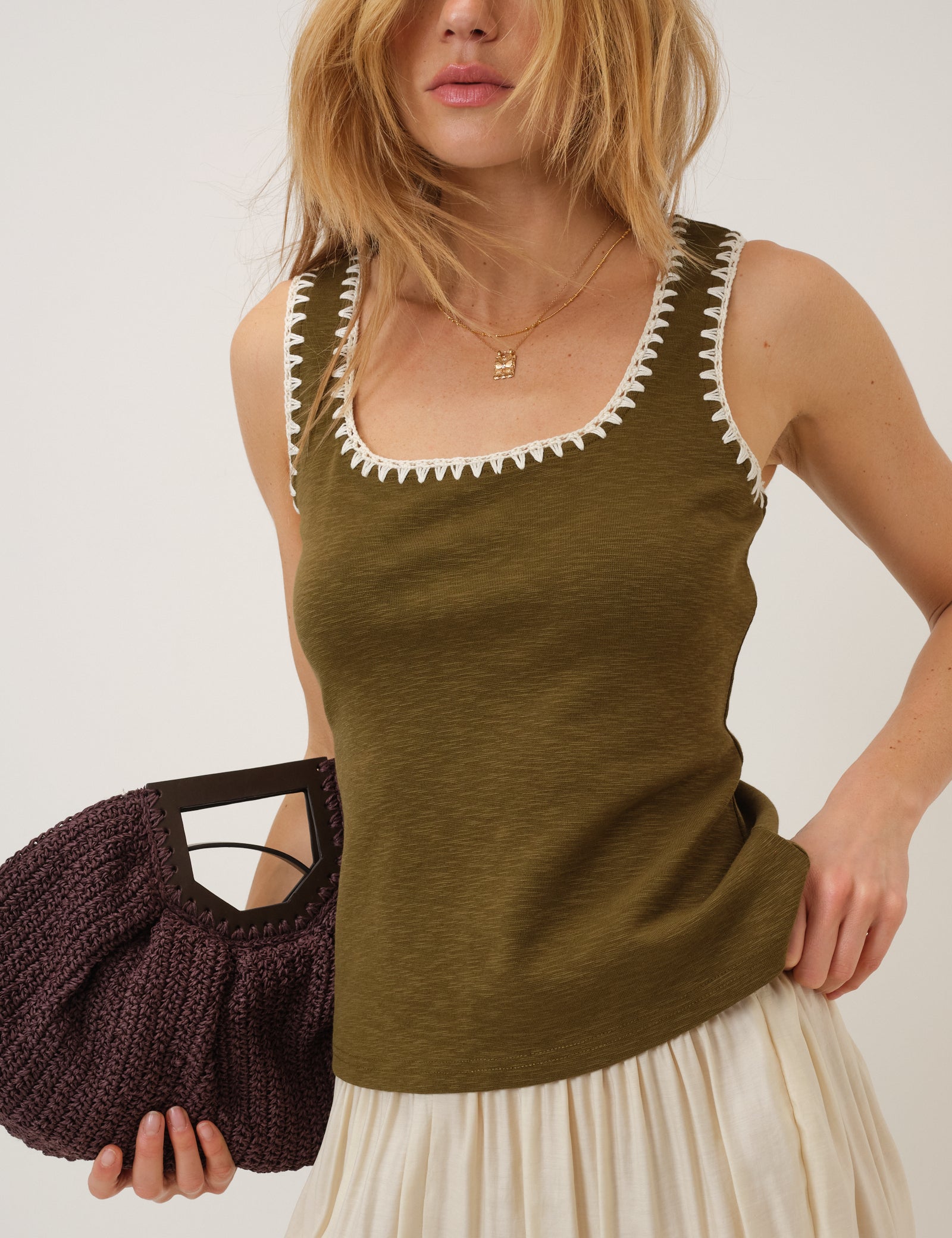 Khaki Crochet Trim Vest