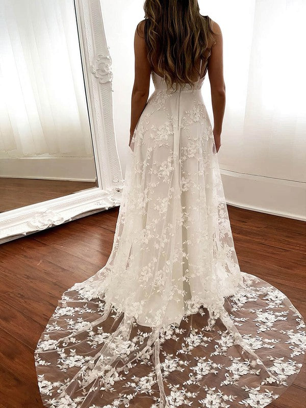 Charming Chapel Train A-Line V-Neck Sleeveless Lace Wedding Dresses with Split