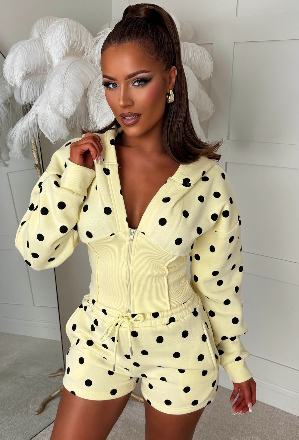 Signature Moment Yellow Polka Dot Zipped Hoodie And Shorts Lounge Co-Ord Set