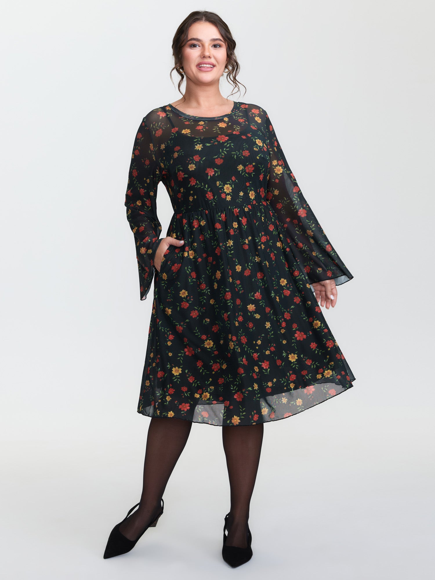 Floral Super Stretchy Mesh Sheer Pockets Midi Dress