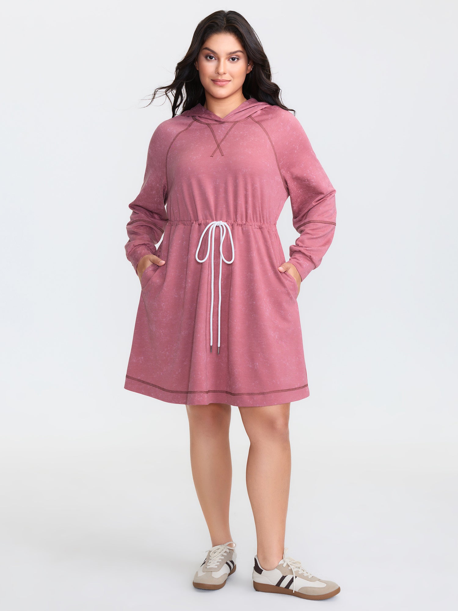 Washed Effect Drawstring Contrast Hooded Dress
