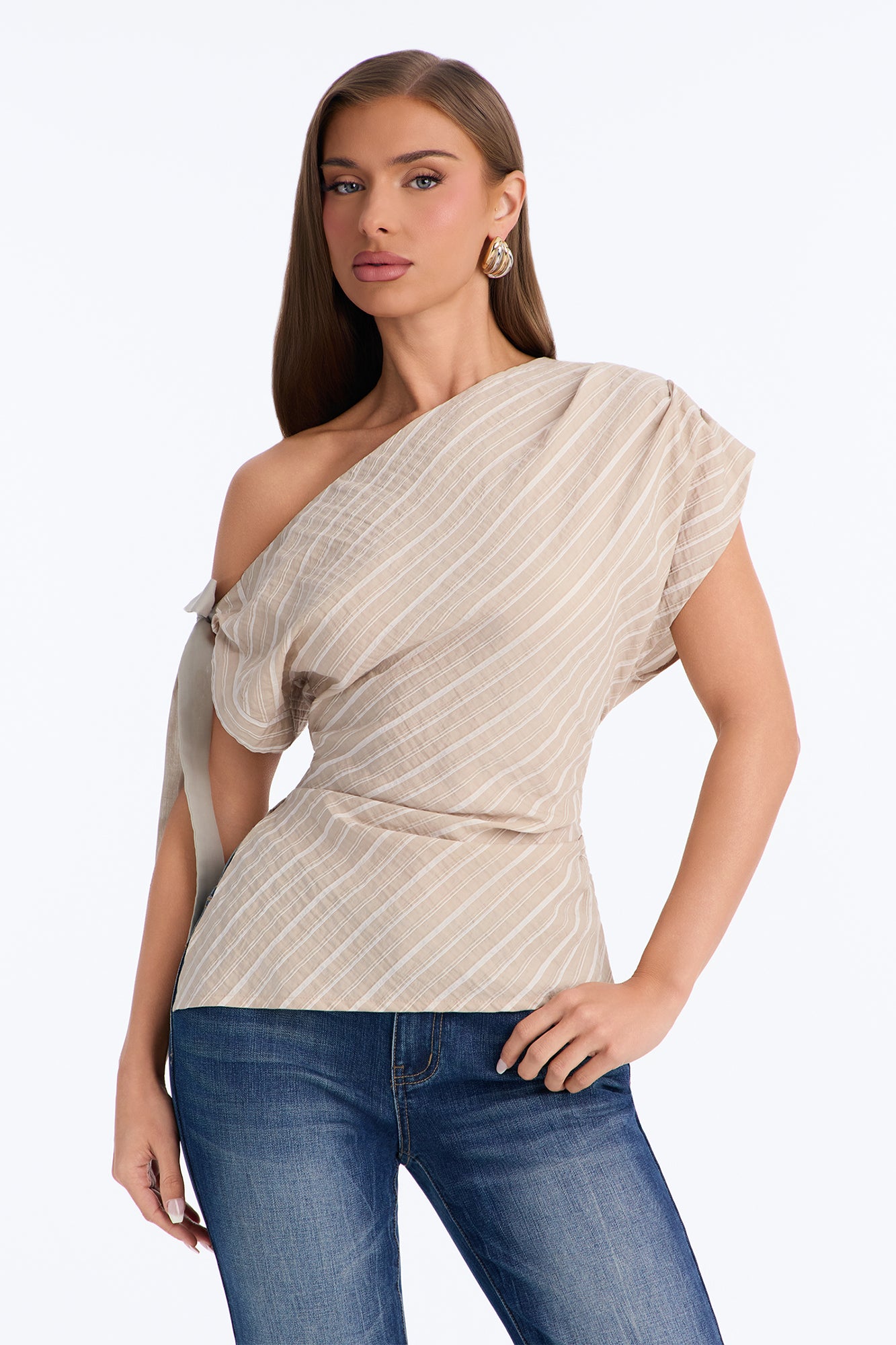 Calm Heat Striped Asymmetrical Blouse - Taupe/combo