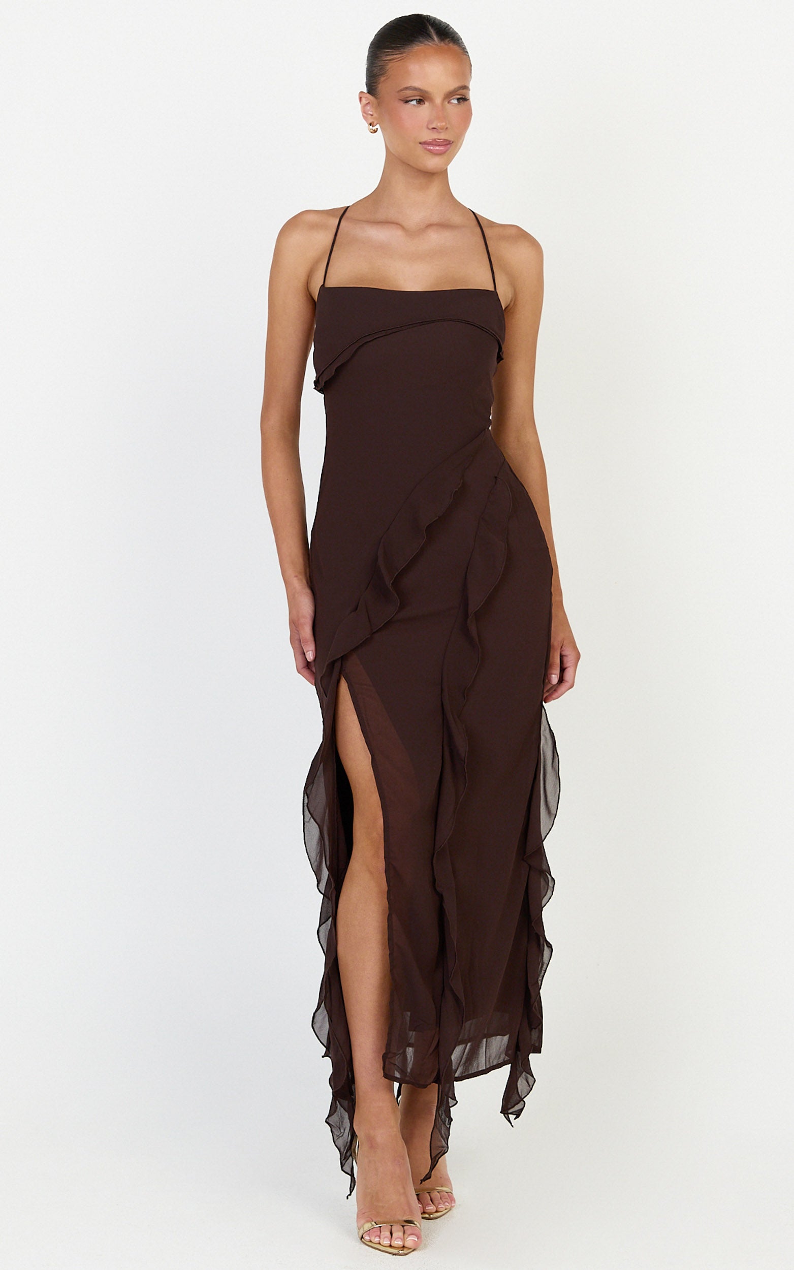 Connie Midi Dress - Ruffle Detail Dress in Chocolate