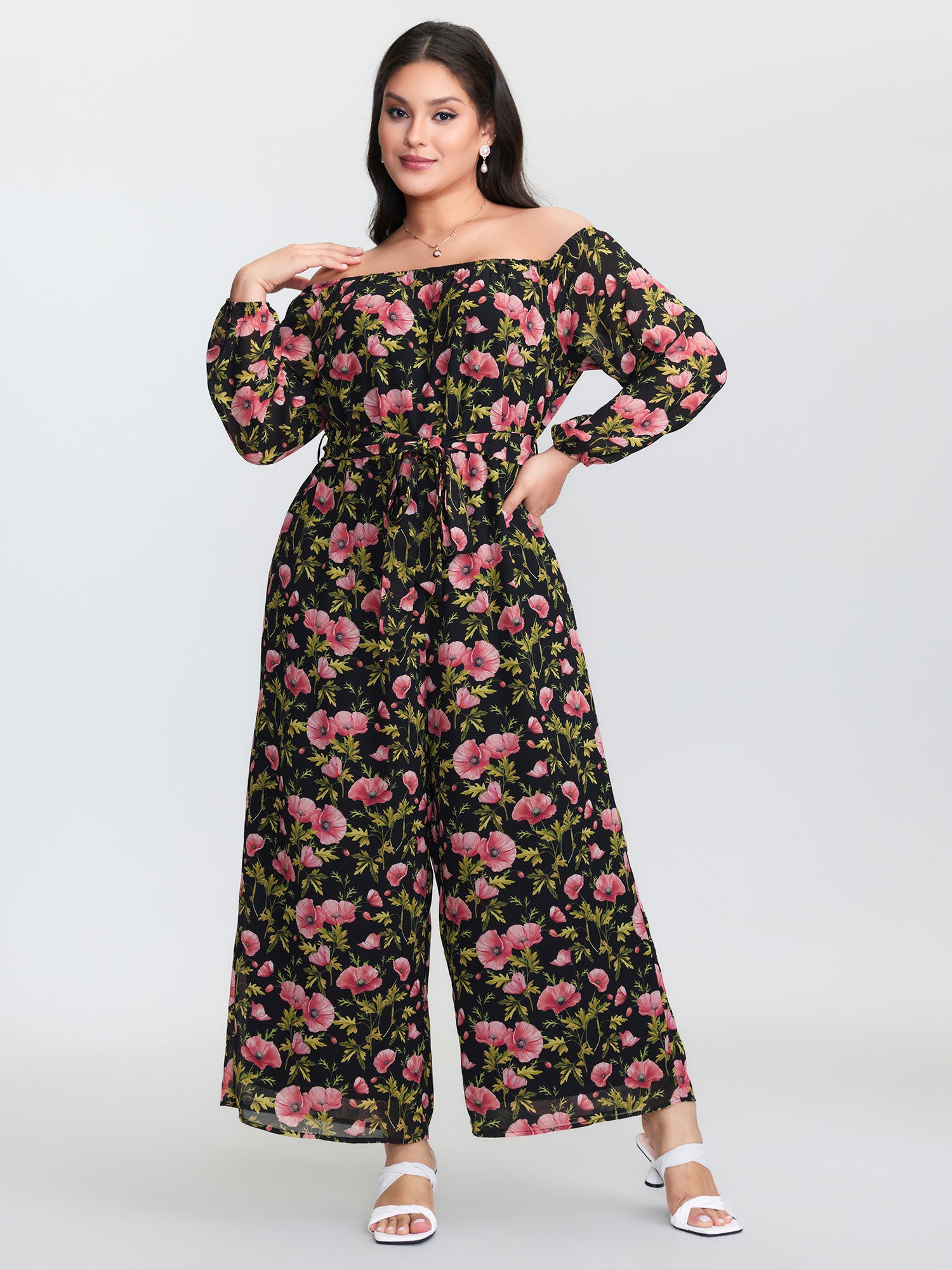 Floral Print Pockets Stretchy Waist Jumpsuit