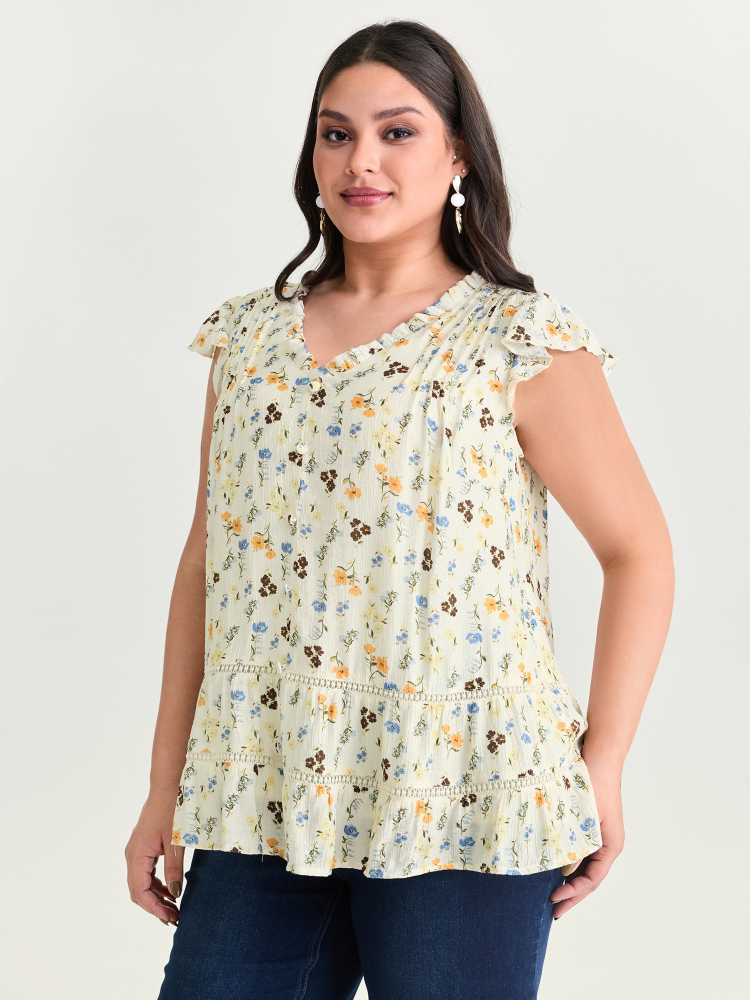 Floral Print Ruffled Detail Lace Blouse