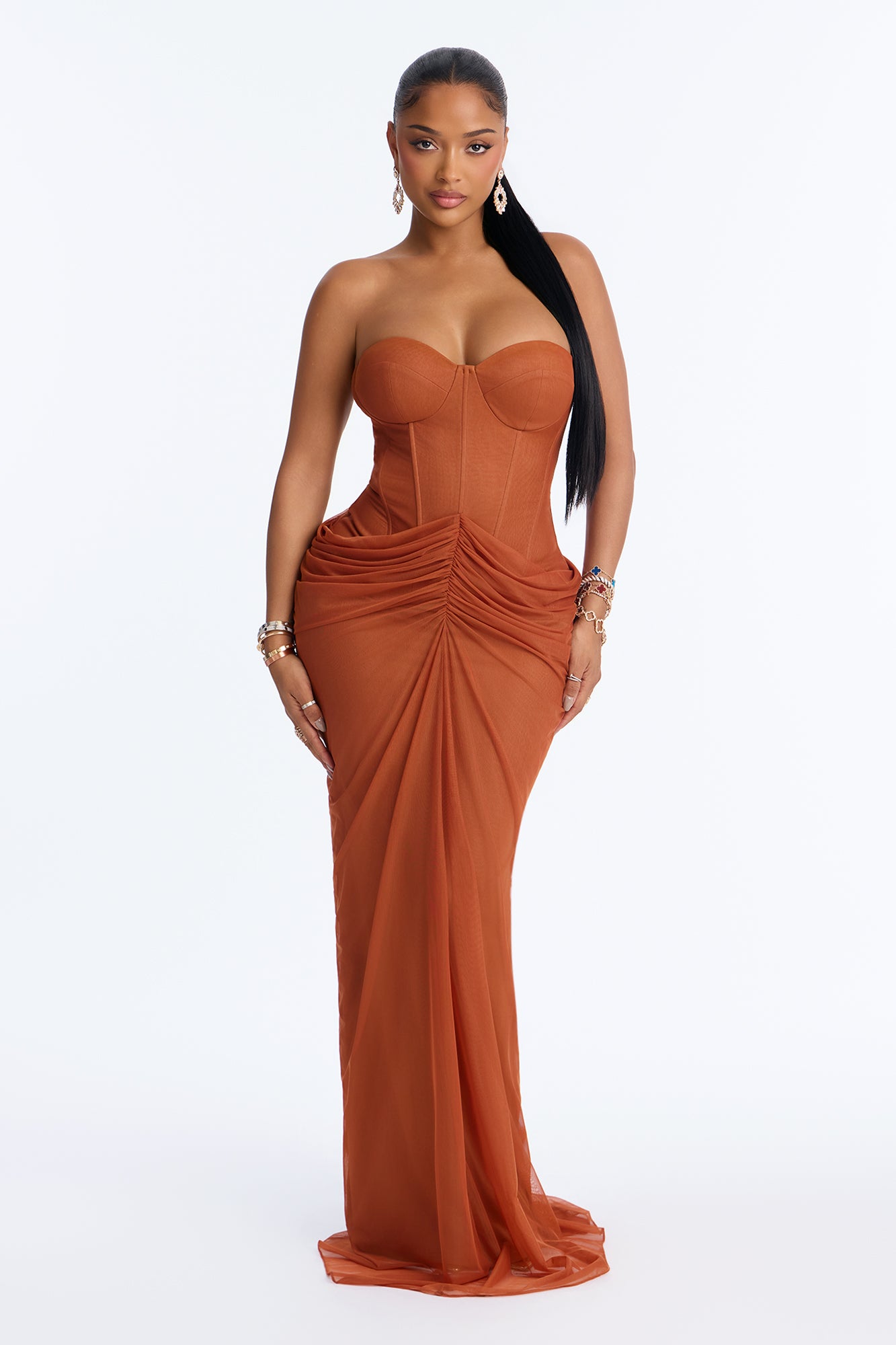Shayla Mesh Corset Draped Gown - Rust