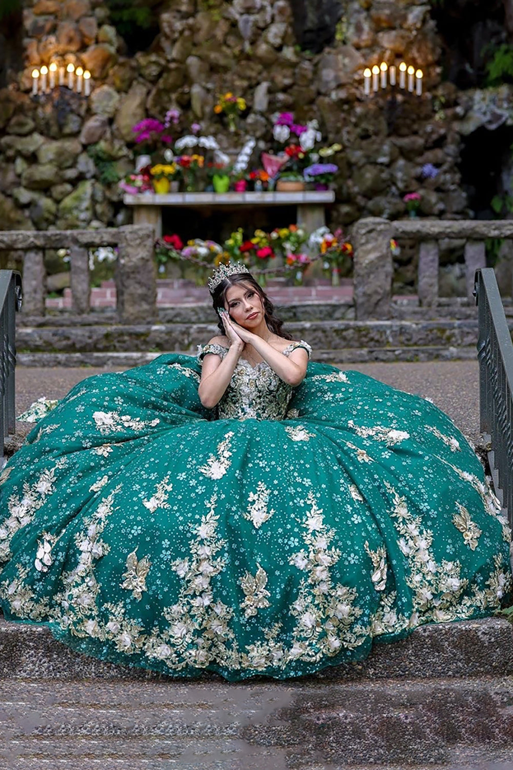 Golden Green Appliqued Off-the-Shoulder Quinceanera Ball Gown