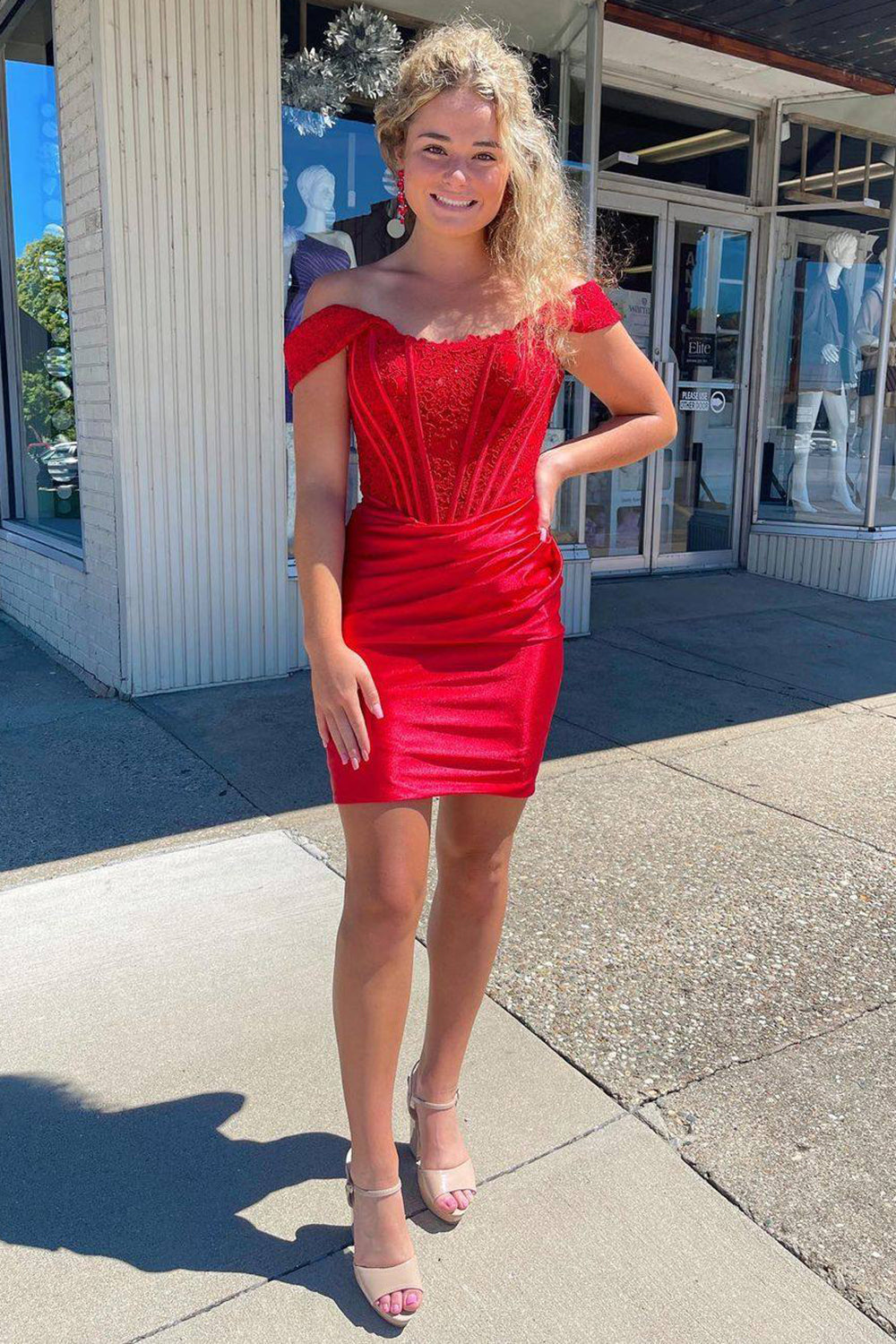 Red Off the Shoulder Tight Short Homecoming Dress/Mini Dress with Lace