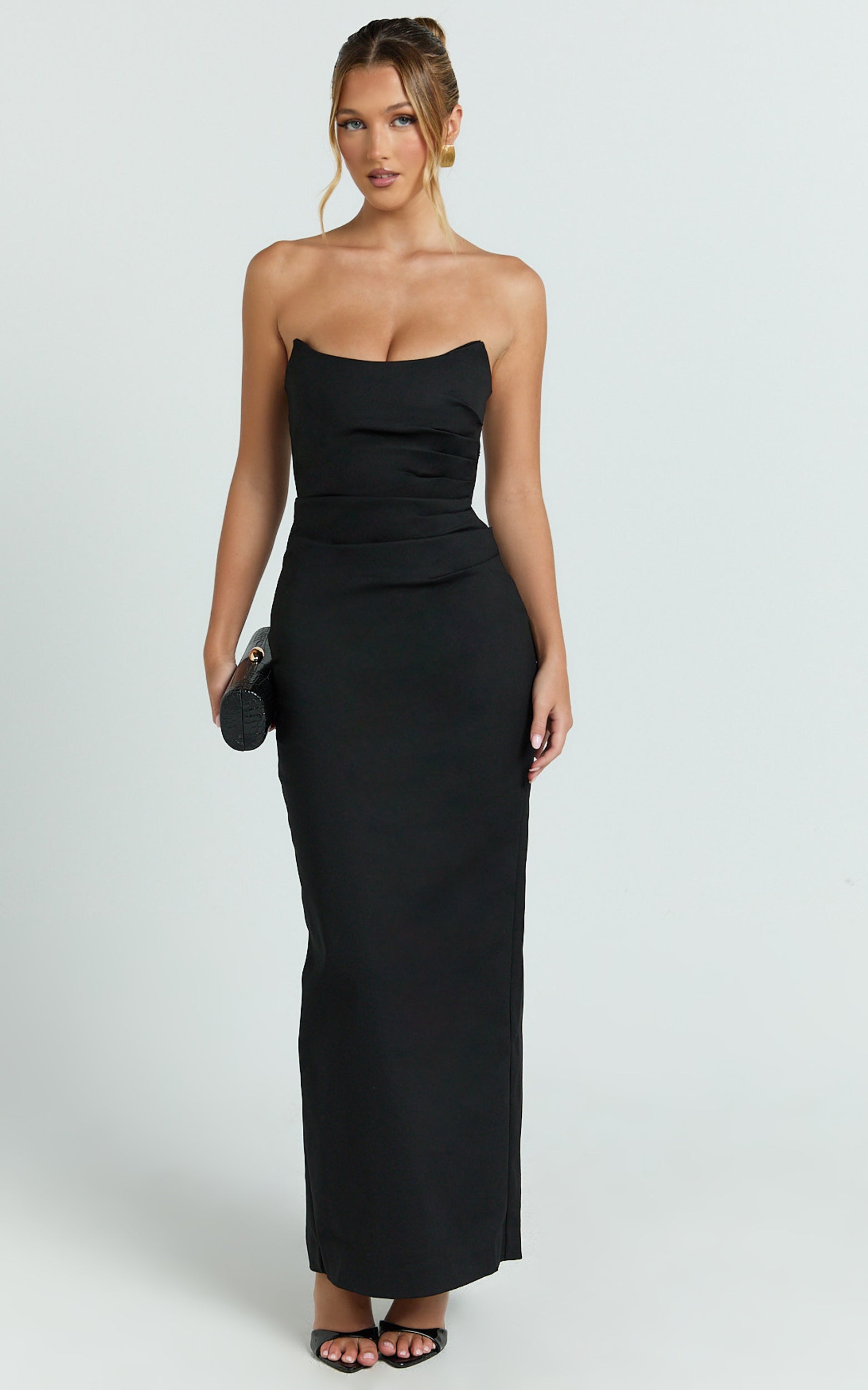 Pietra Midi Dress - Strapless Side Seam Tucks Fitted Dress in Black