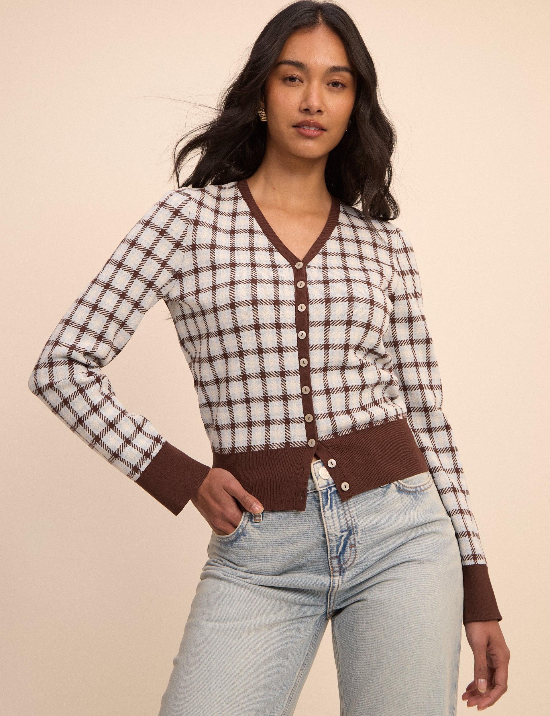 Brown and Blue V-Neck Jacquard Check Cardigan