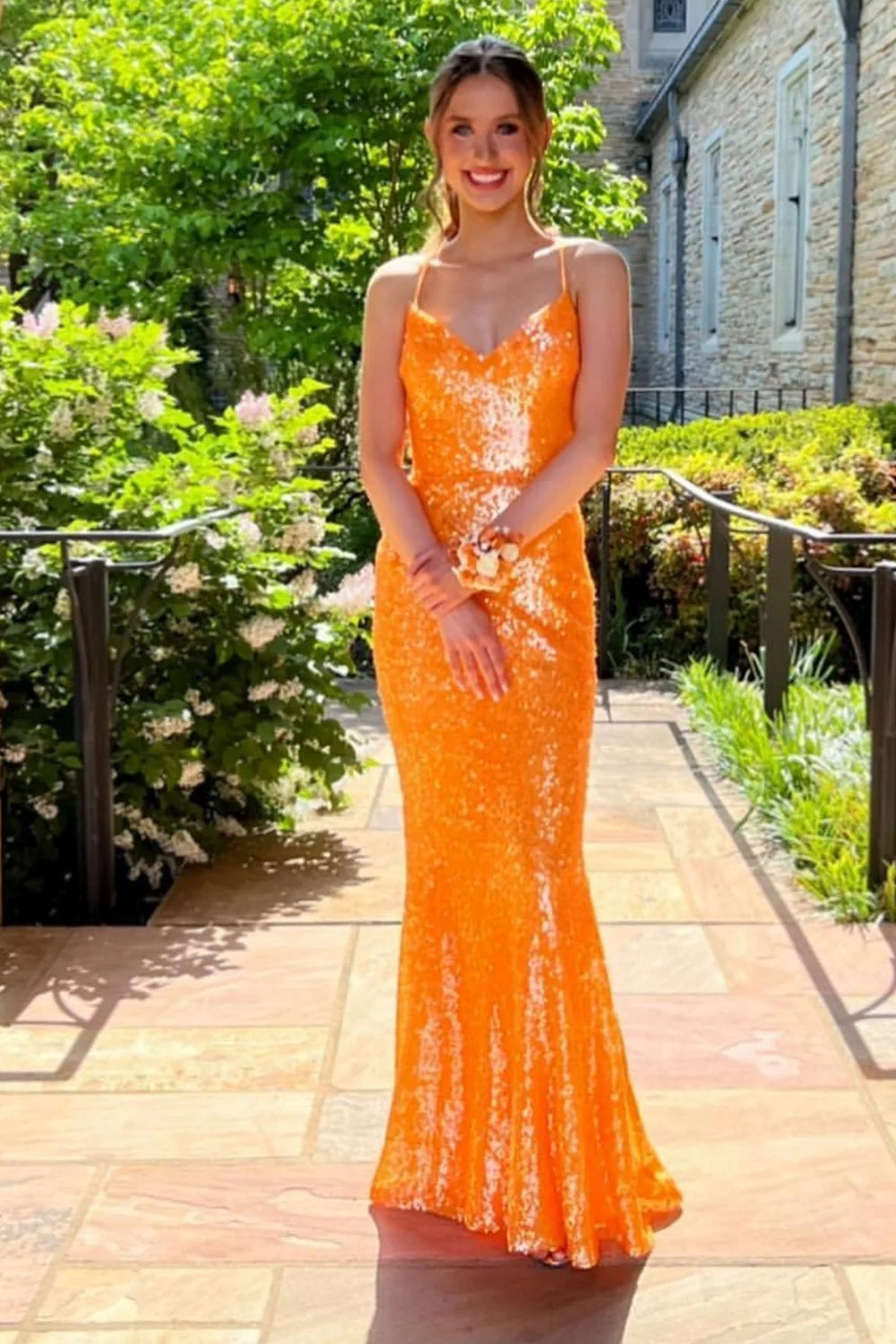 Long Prom Dress with Sparkly Orange Sequins in Mermaid Style